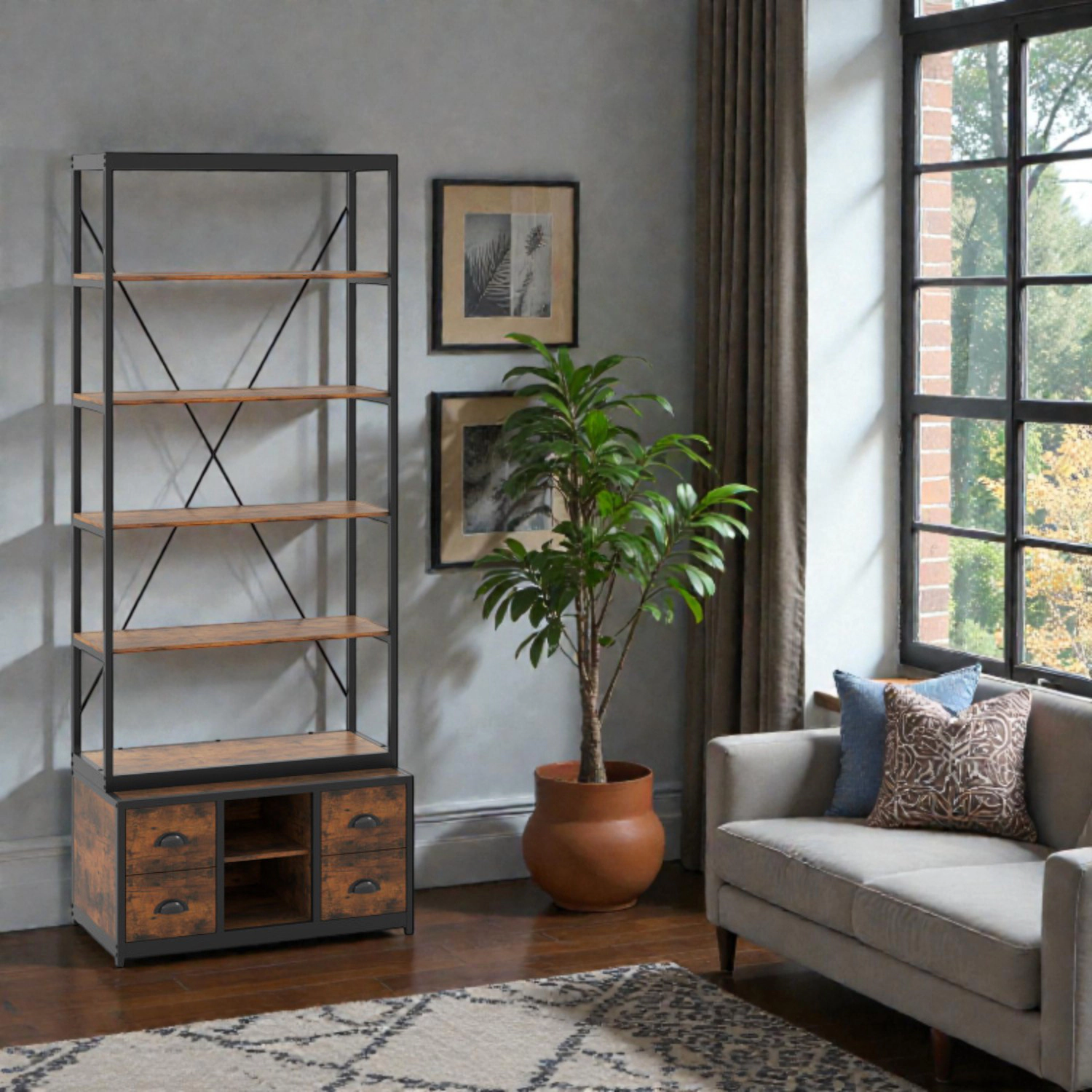 Hivvago Multi-Tier Bookcase with Fabric Drawers and Reinforced Metal Frame