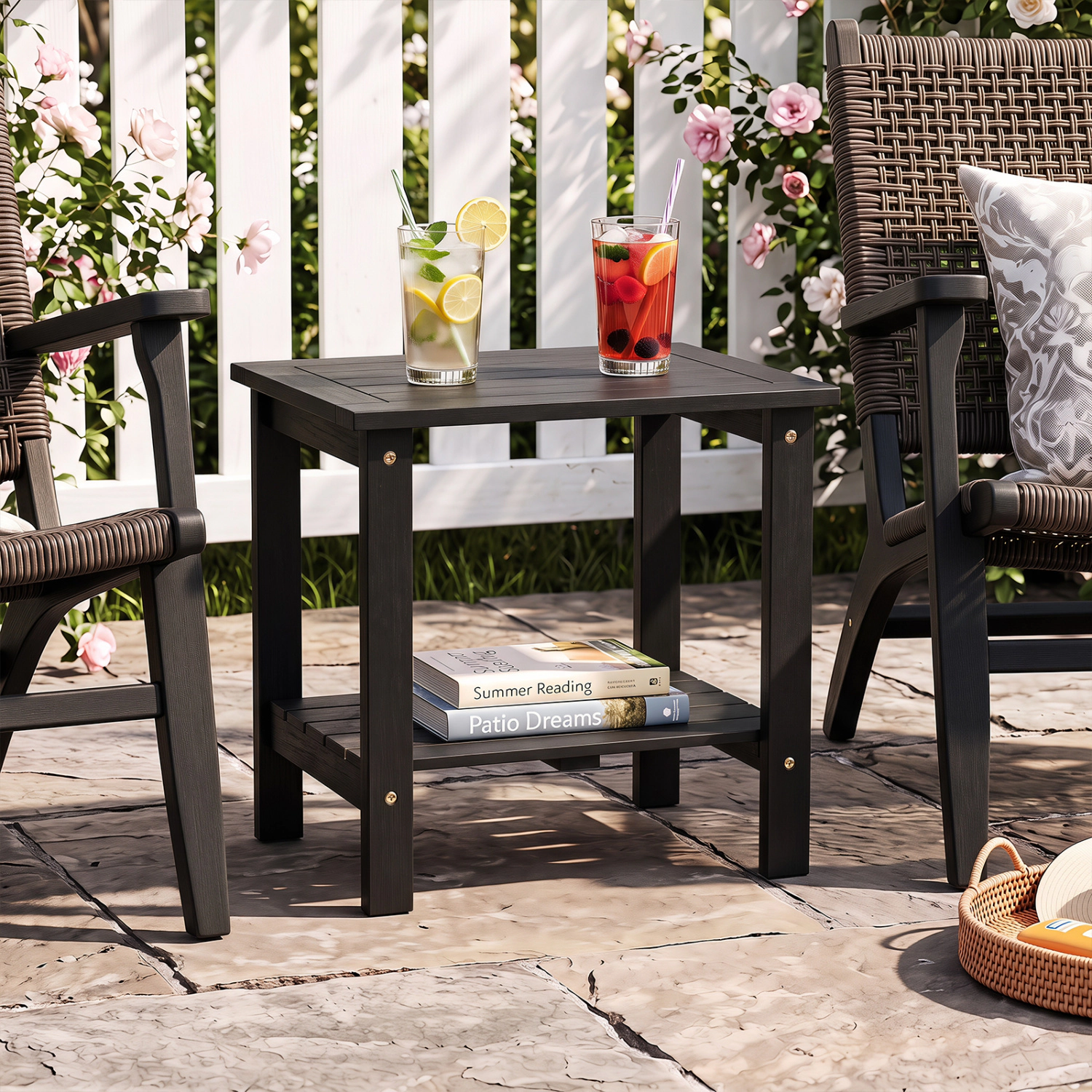 LJG 2-Tier Wood Patio End Table with Slatted Tabletop and Storage Shelf for Backyard