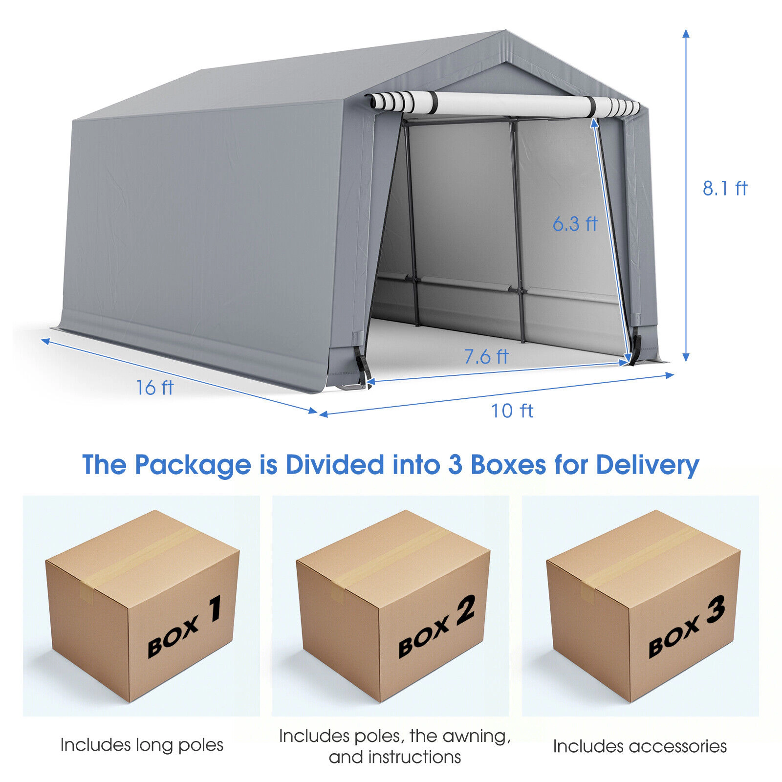 SUGIFT Gray Heavy Duty Galvanized Steel Carport Canopy Tent with 2 Roll Up Doors and 8 Legs 16-ft W 10-ft D