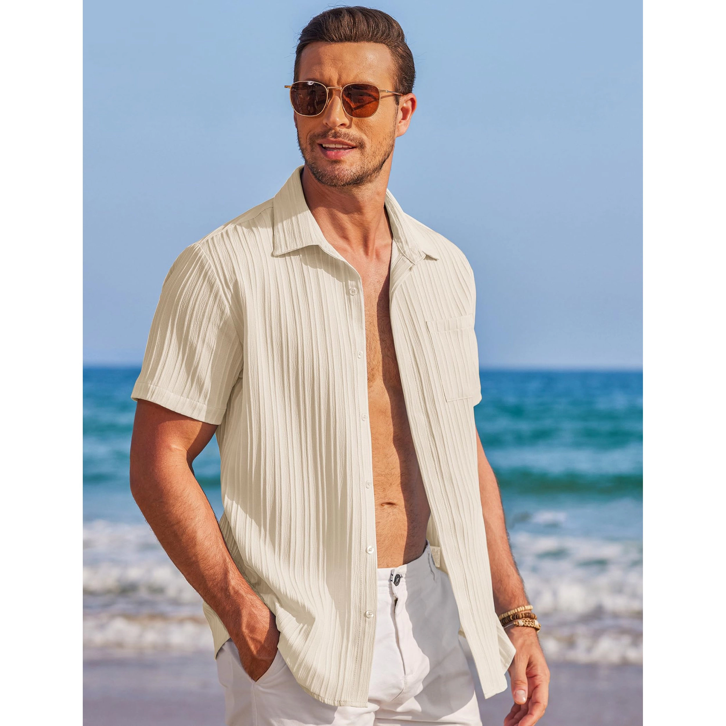 COOFANDY Men's Regular Fit Textured Short Sleeve Camp Shirt