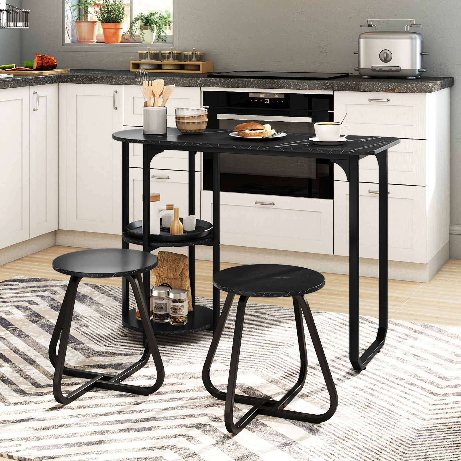 SUGIFT 3-Piece Industrial Dining Table Set Side Shelves 88-lb Table 330-lb Stools 43.5-in Table Rustic Brown & Black
