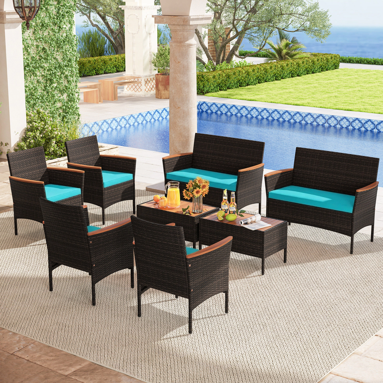 LJG 8 Piece Patio Wicker Sofa Set 4 Rattan Chairs and 2 Loveseat with 2 Table