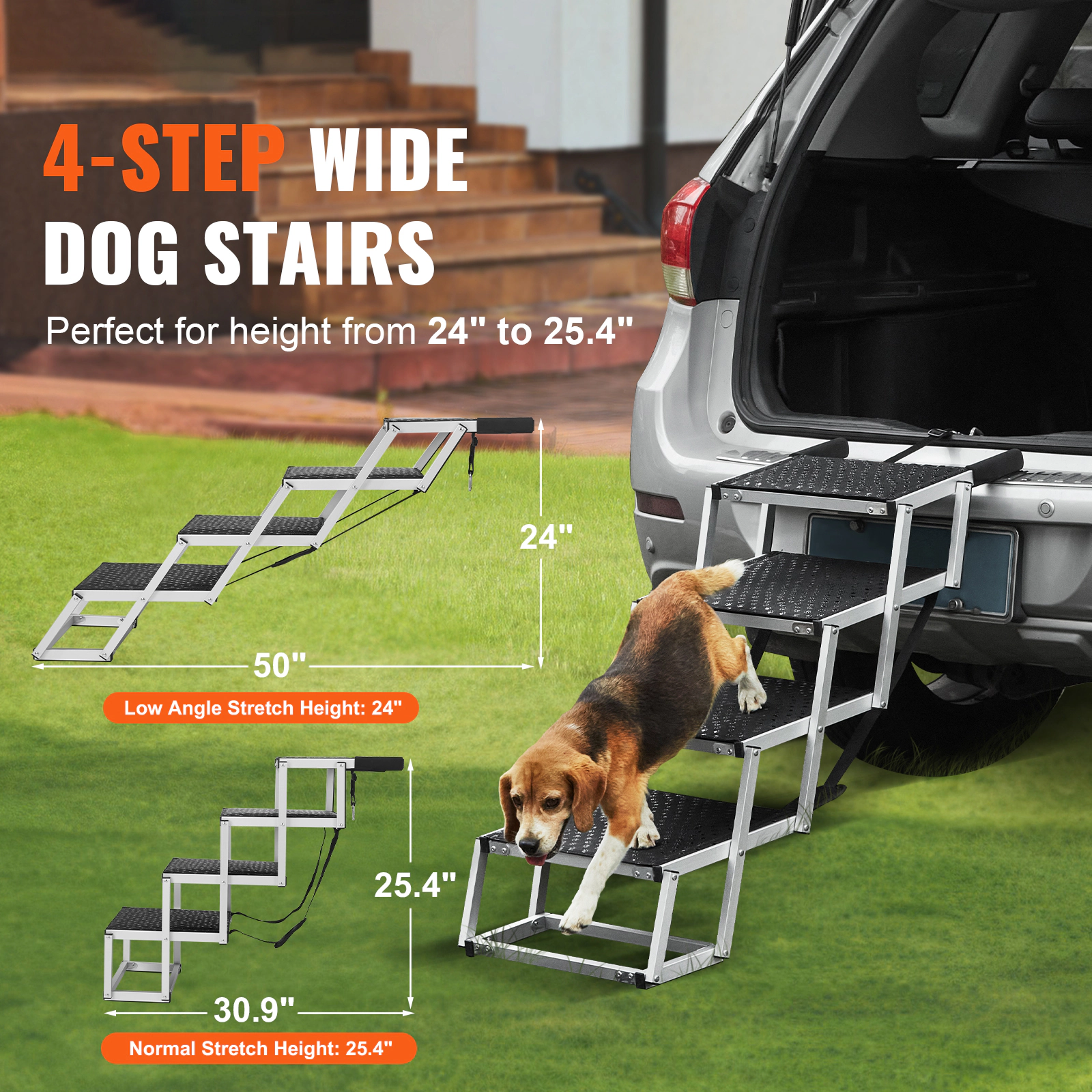 HONGGE 4-Step Wide Aluminum Dog Car Stairs, Adjustable 24-25.4 in Height, Folds Compact, Supports up to 150 lbs