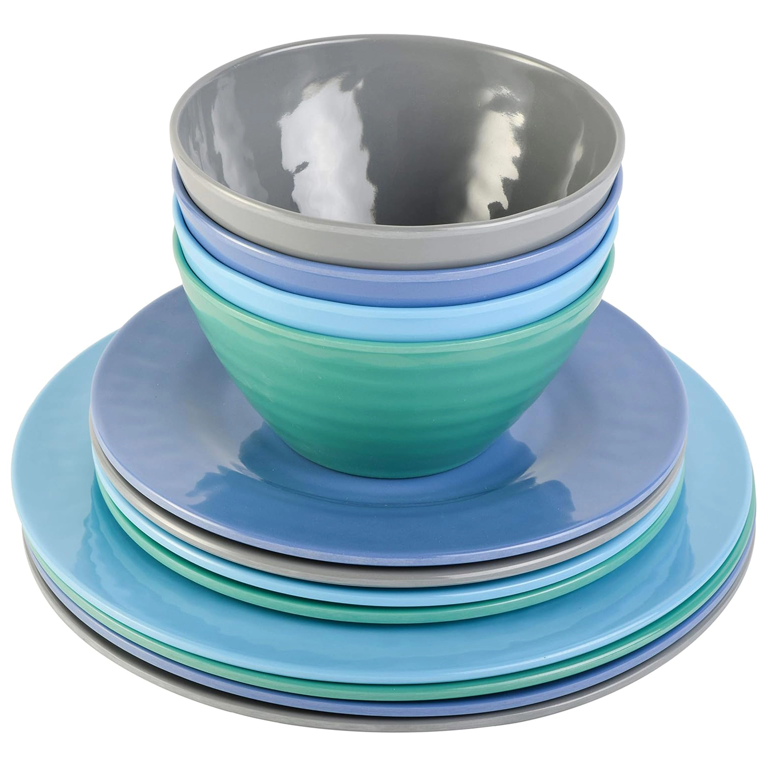 Gibson Home Brela 12 Piece Round Melamine Dinnerware Set in Assorted Blue