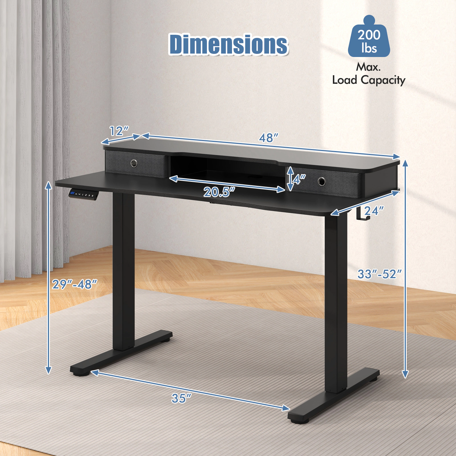 SUGIFT 48-in Black Electric Sit to Stand Desk with Full Width Shelf 2 Fabric Drawers and 3 Memory Heights