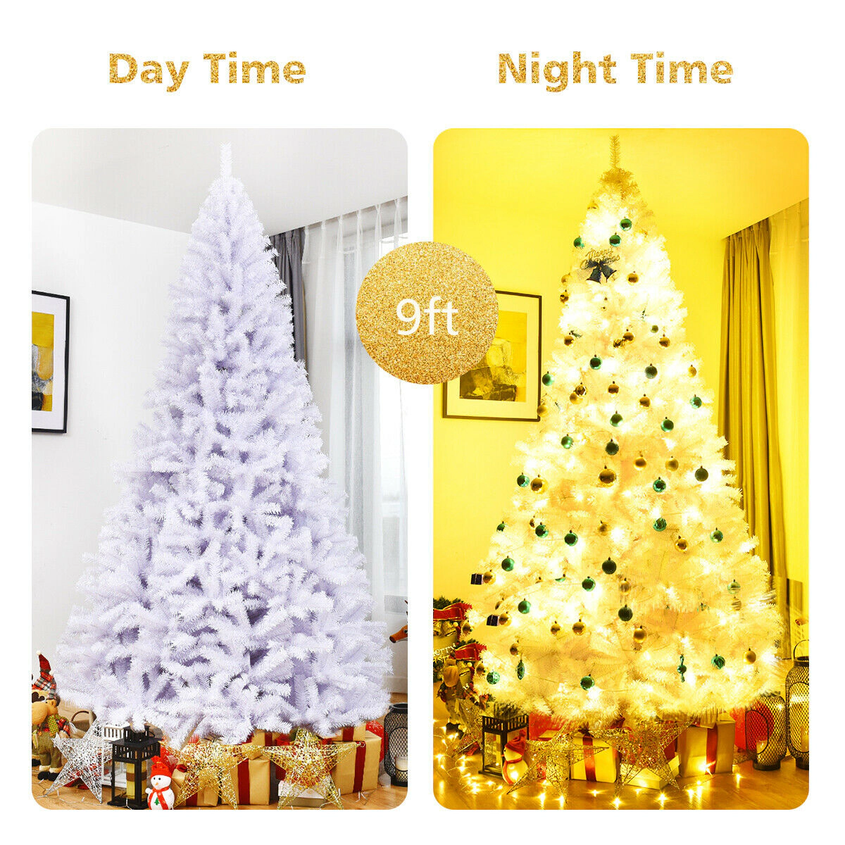 SUGIFT 9 ft White Artificial Christmas Tree Hinged Unlit Xmas Tree with Metal Stand