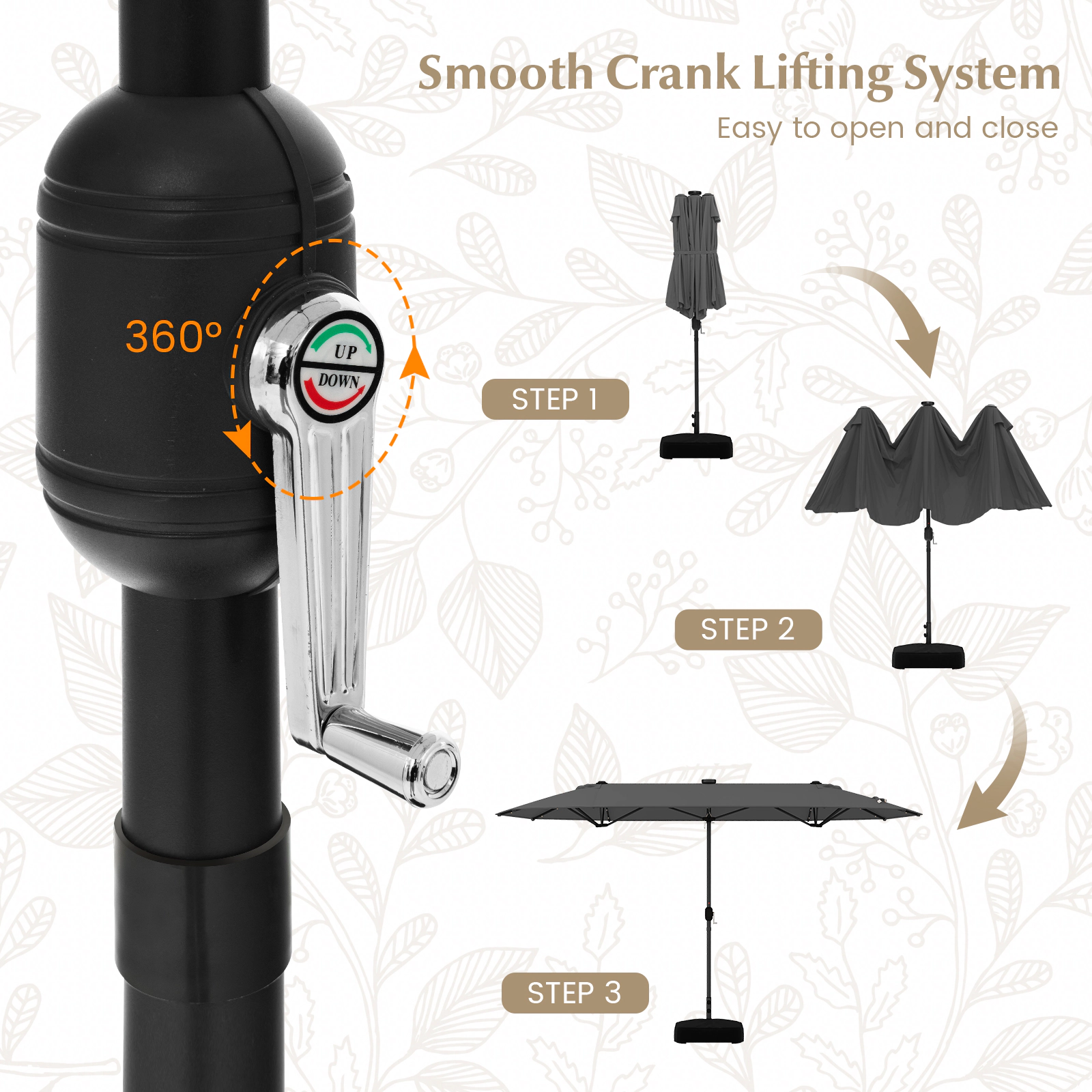 SUGIFT Double-Sided Patio Umbrella with Solar Lights and Crank Lift 13-ft for Garden Pool Backyard Gray