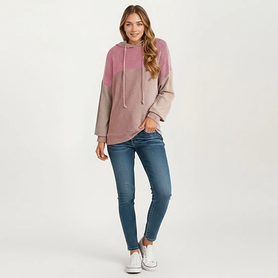 Anna-Kaci Women's Colorblock Drawstring Relaxed Fit Long Sleeve Knit Hoodie