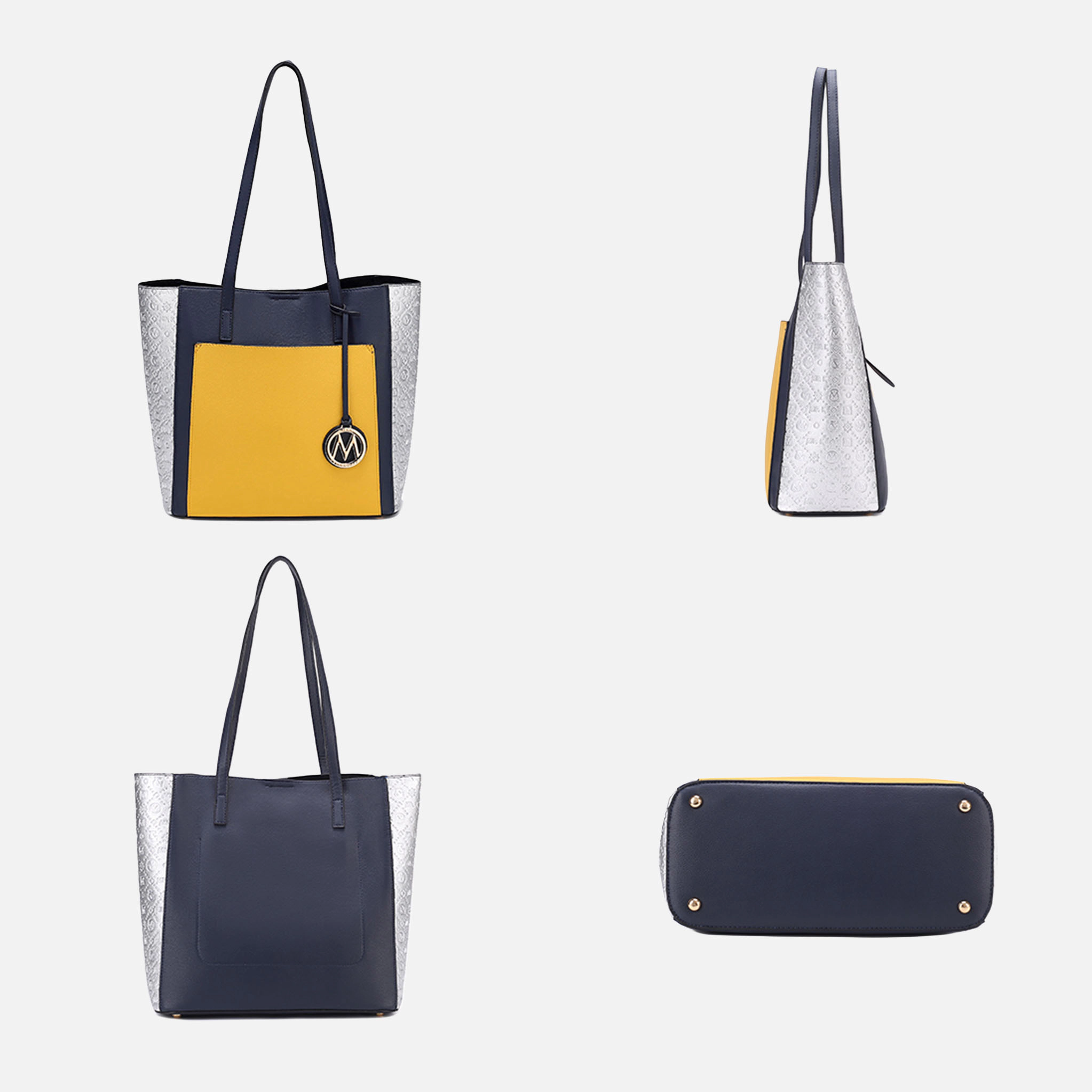 Mia K Collection Leah Color Block Vegan Leather Tote - Magnetic Snap, Zip Pocket, Metal Feet