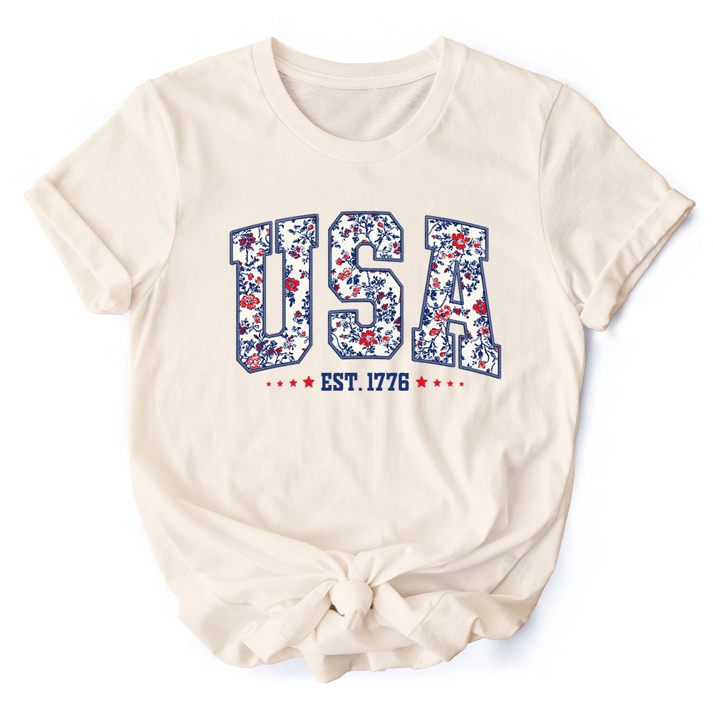 OrnamentallyYou Womens Patriotic USA Floral Independence Day T-Shirt