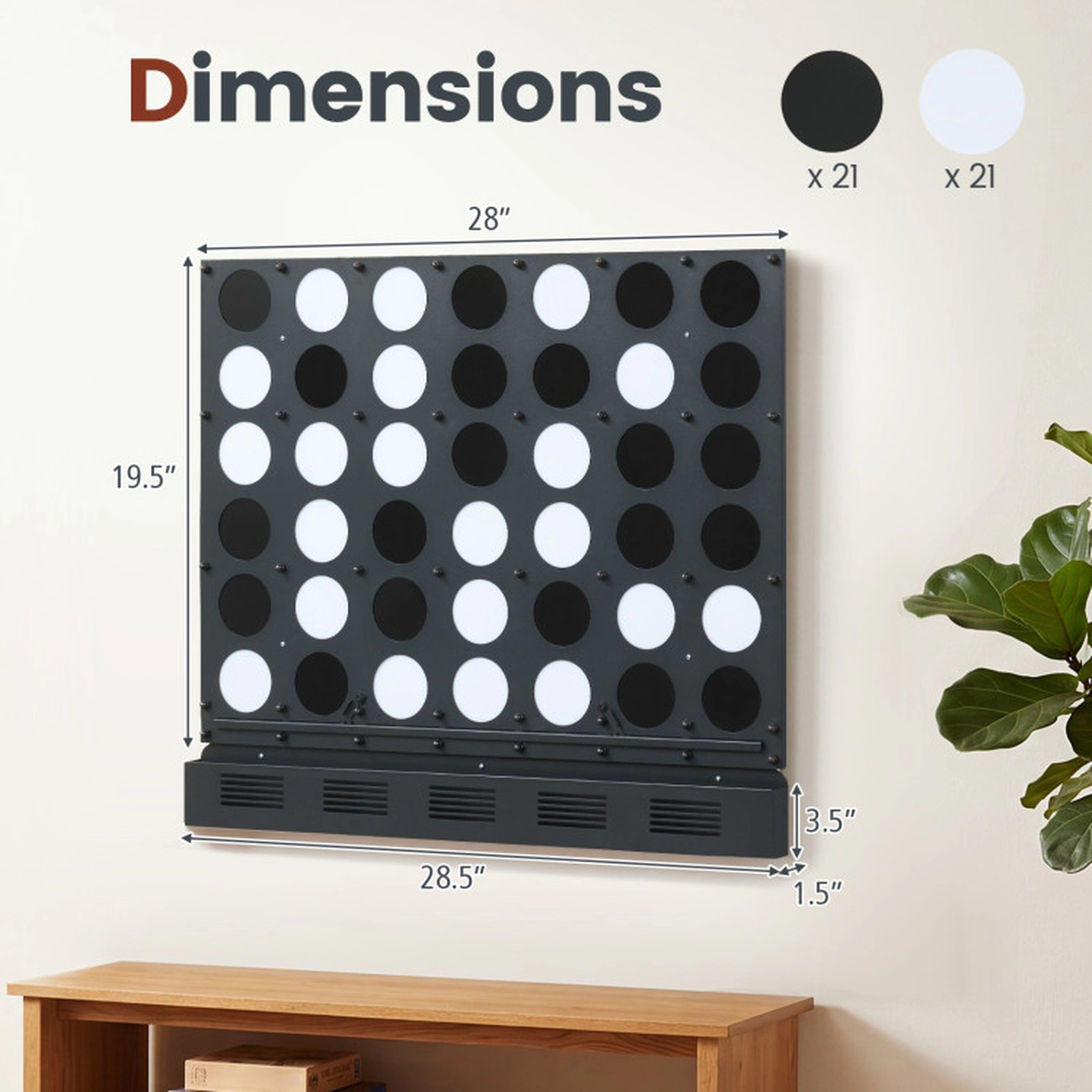 SUGIFT Black Wall Mounted Metal Connect 4 Game with Acrylic Discs and Bottom Tray 28.5-in W 1.5-in D 23-in H