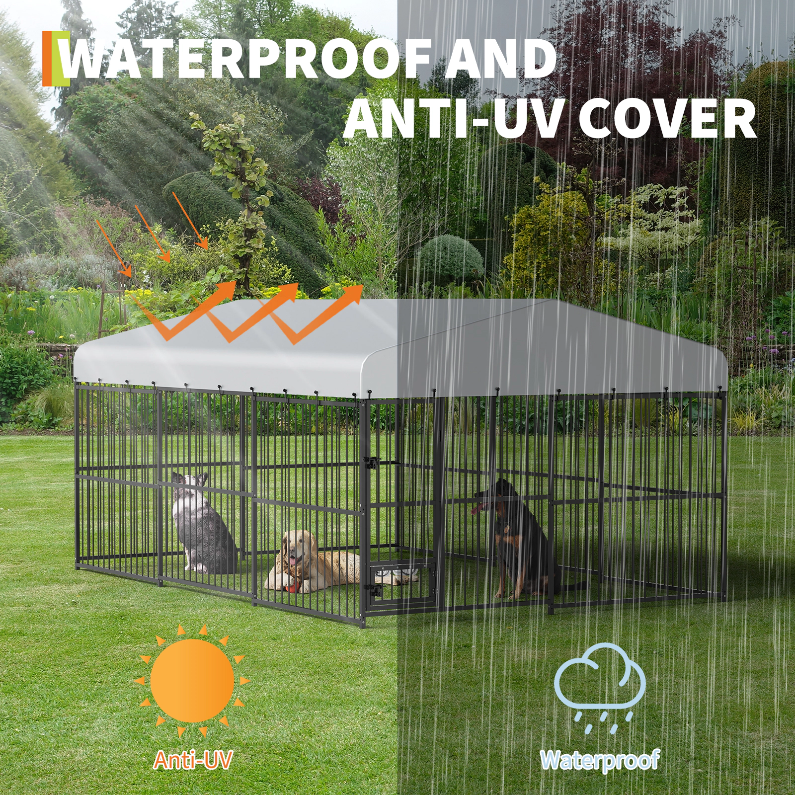 Heavy Duty Outdoor Dog Kennel for Large Dogs, Walk-in Cage with Roof & Feeding Doors for Garden