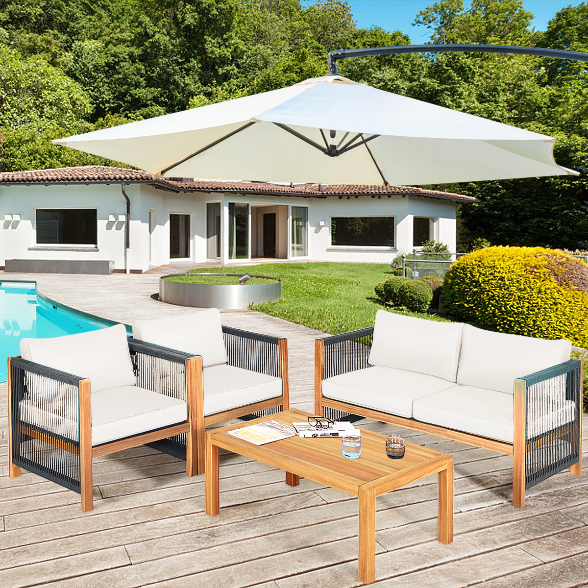 LJG 4 Pieces Wood Outdoor Patio Furniture Set with Cushions for Garden