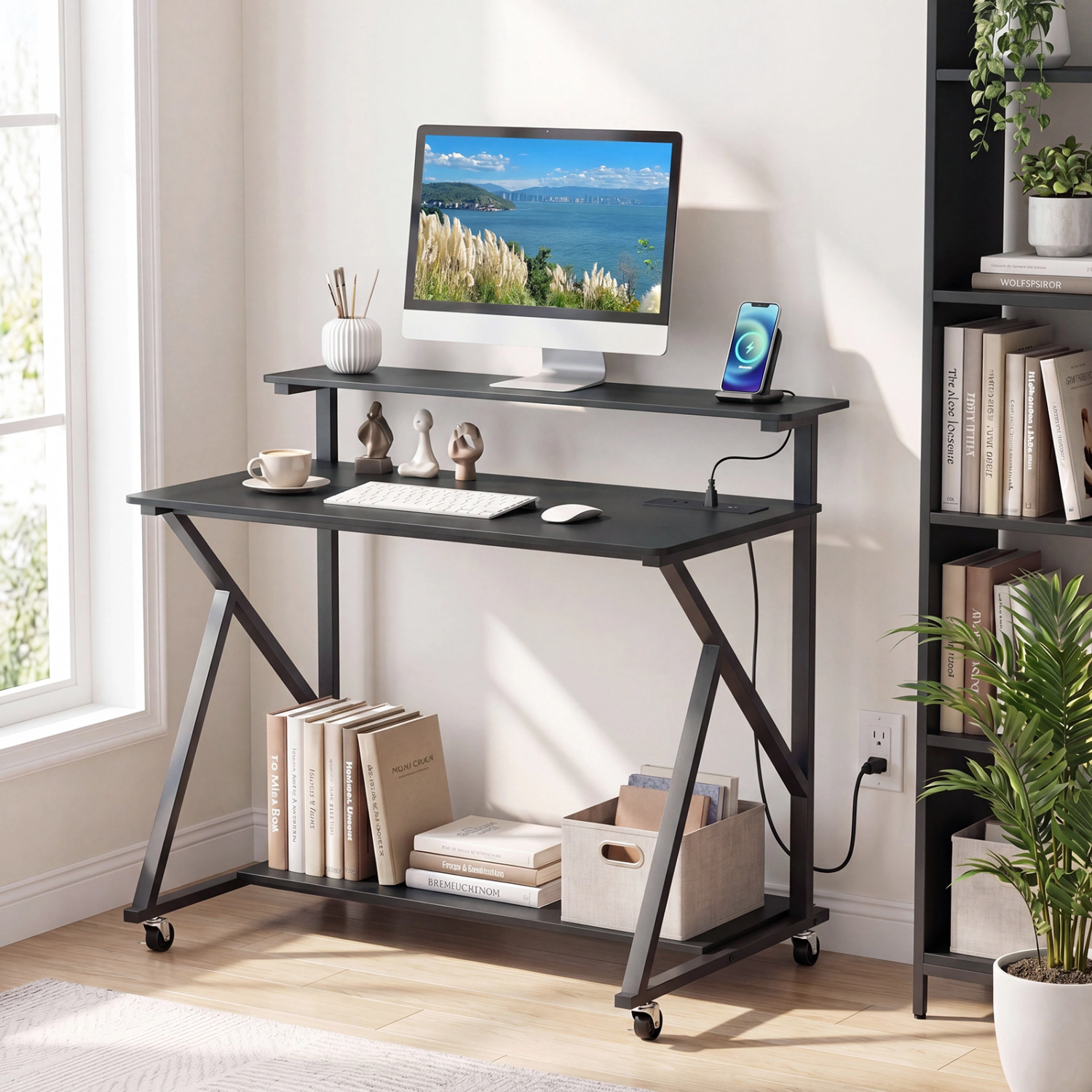 LJG Rolling Computer Desk with Charging Station and Monitor Shelf Storage for Home Office