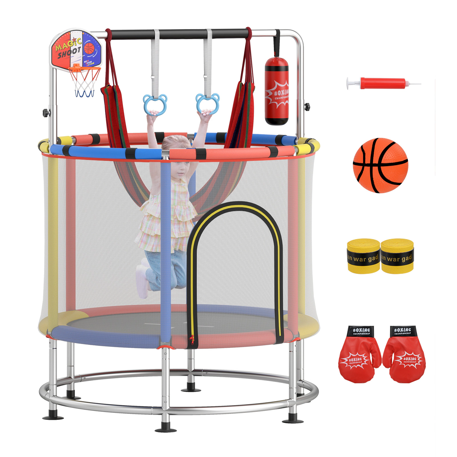 SUGIFT 55-in Kids Trampoline with Gym Bar Basketball Hoop Hammock and Rings 440-lb Capacity Ages 3-6 Multicolor