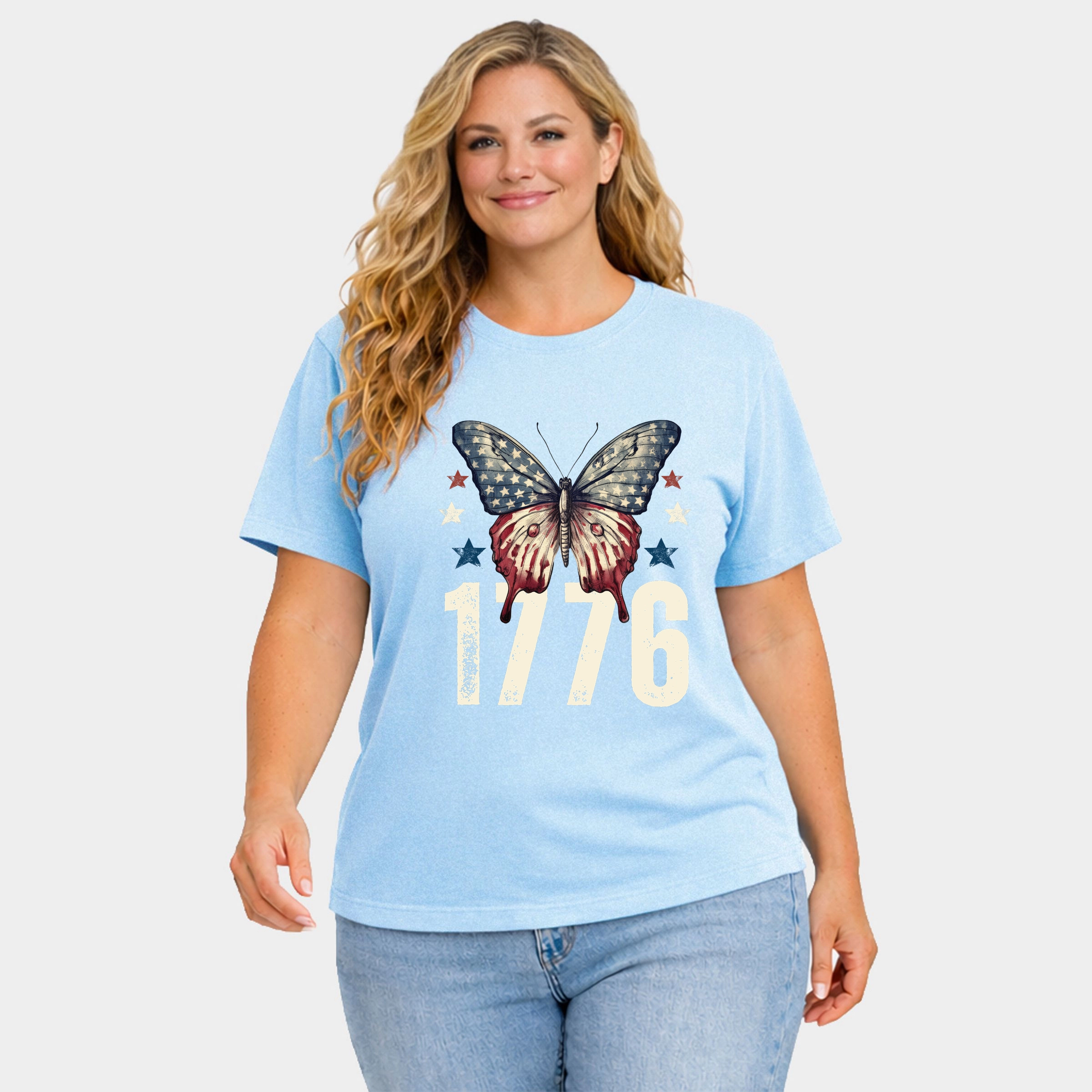 Simply Sage Market - 1776 Butterfly Patriotic Women's Plus Sized Garment Dyed Graphic T-Shirt