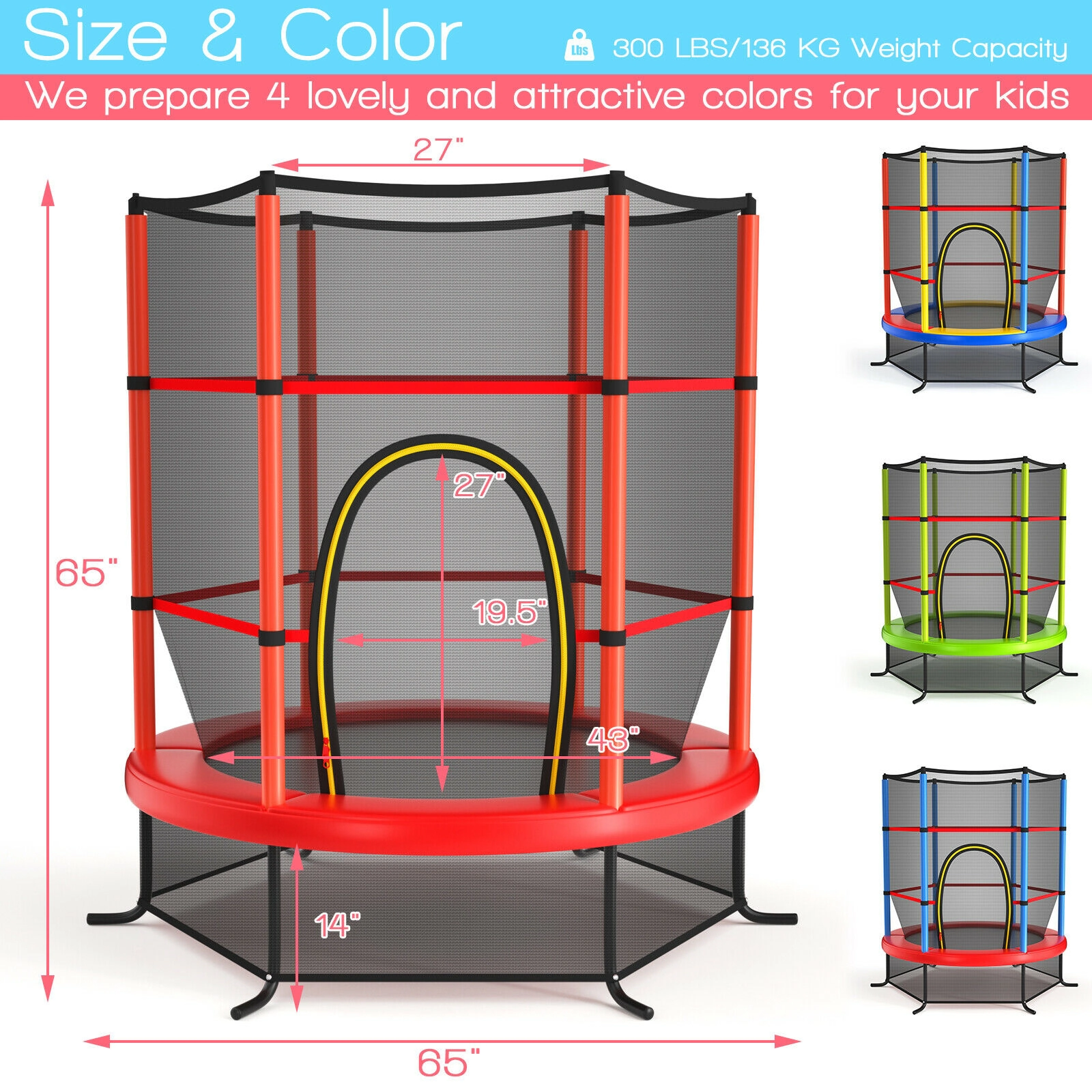 SUGIFT Kids Recreational Trampoline with Enclosure Net 300-lb Capacity 65 x 65 x 65 in Frame 30 Tension Ropes Red
