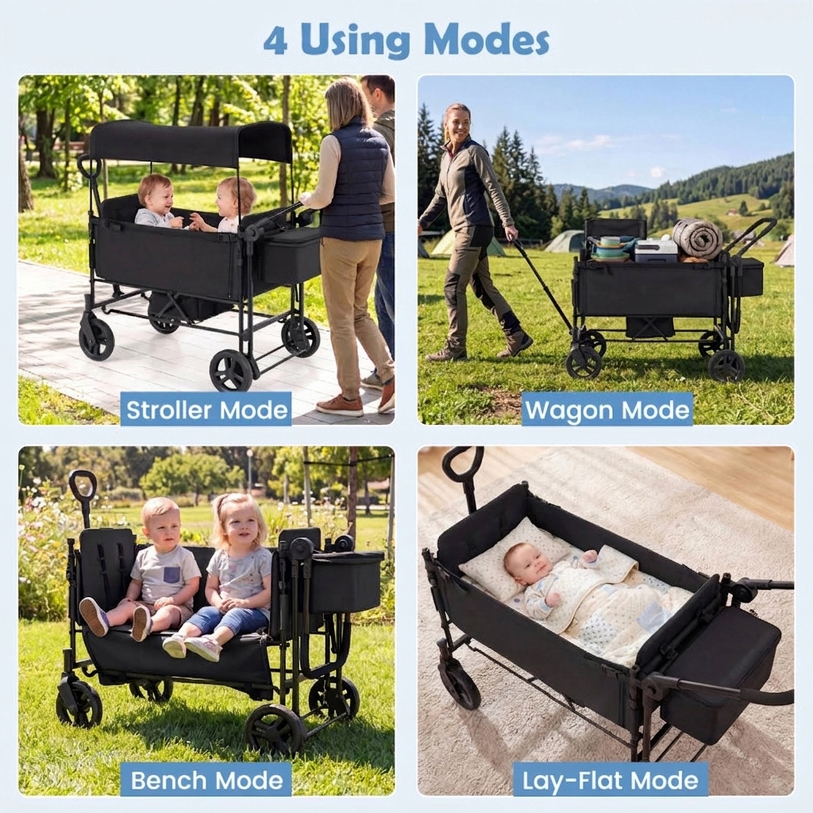 SUGIFT Toddler Black 2-Seat Wagon Stroller with Removable Canopy 54-in W 25.5-in D 44-in H 40-lb Per Seat