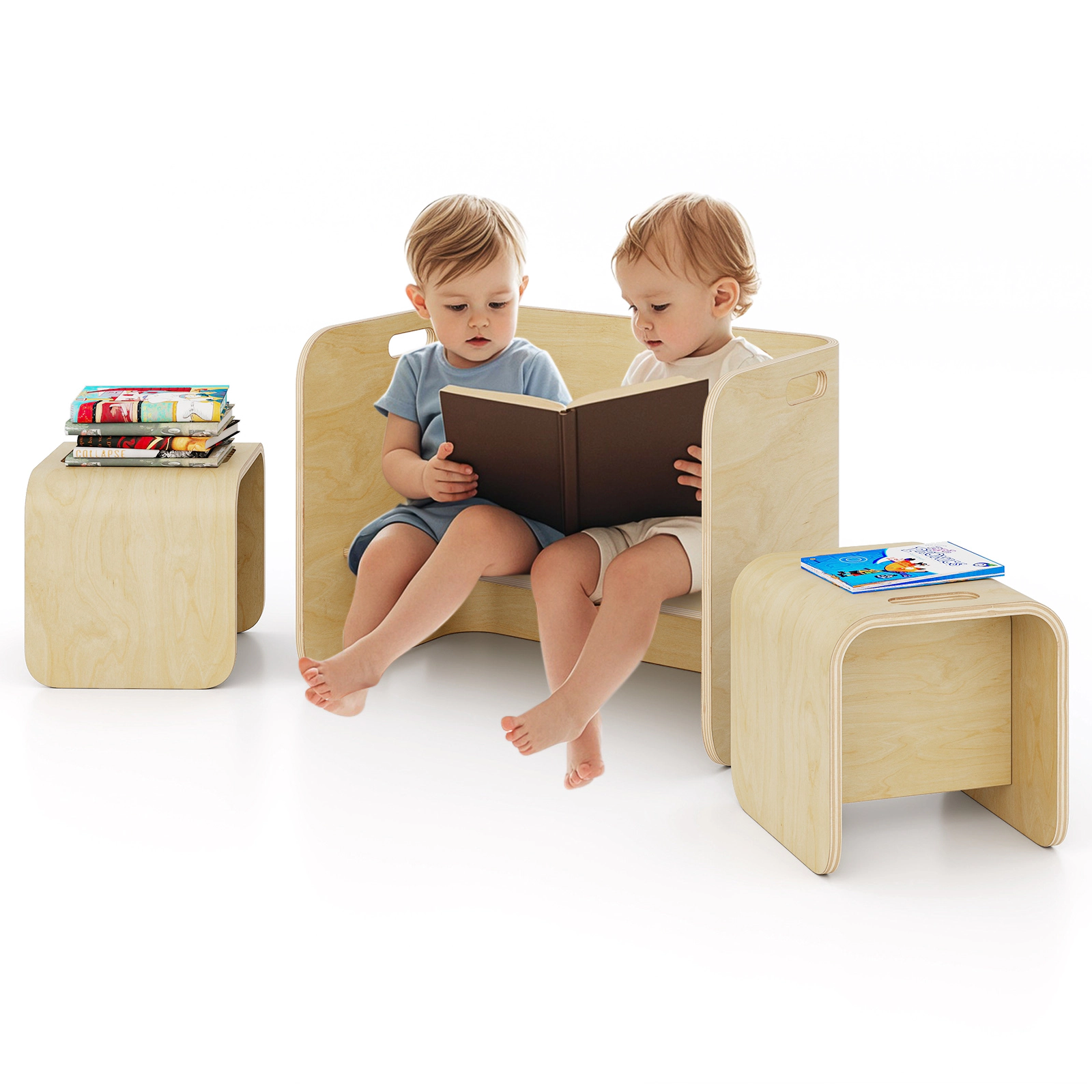 SUGIFT Natural Multifunctional Stool Desk Shelf Kids 3-Piece Birch Wood Table and Chair Set