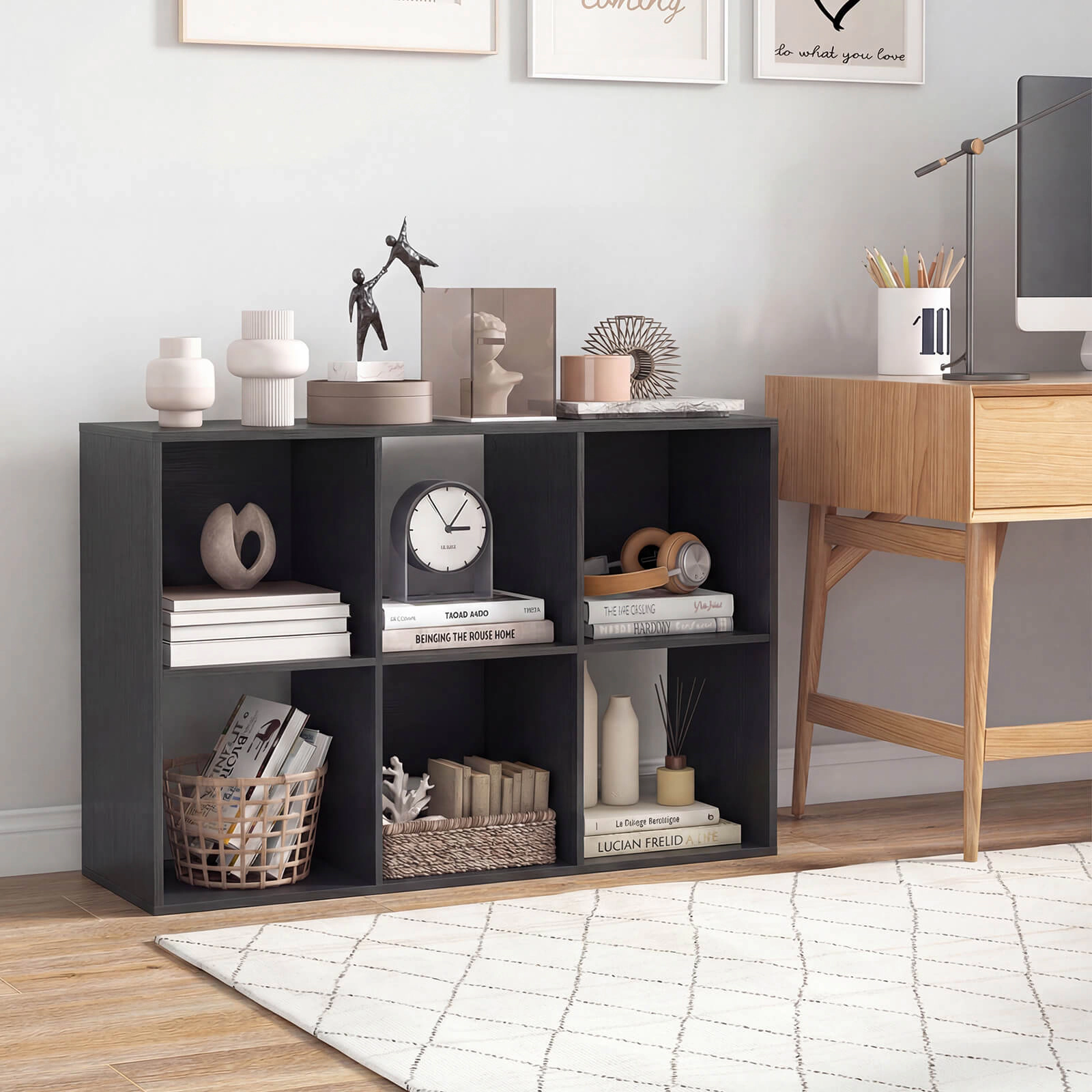 Costway 6-Cube Bookshelf, Modern Cubby Bookcase with Back Guardrail & Anti-tipping Kits Natural