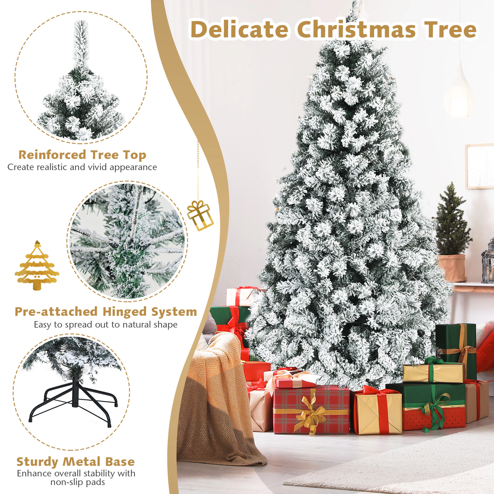 SUGIFT 6-ft Pre-Lit Hinged Snow Flocked Artificial Christmas Tree with 250 LED Lights and 600 Branch Tips