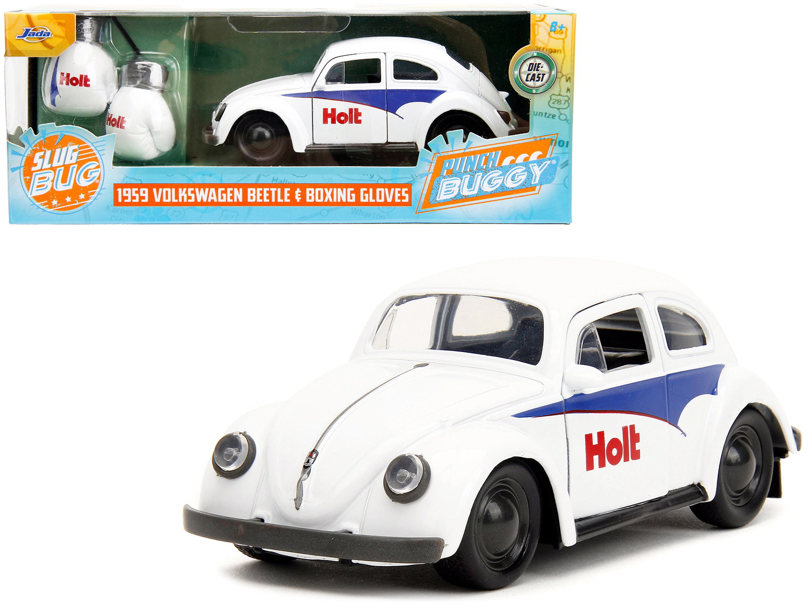 Jada 1959 Volkswagen Beetle "Holt" White with Blue Graphics and Boxing Gloves Accessory "Punch Buggy" Series
