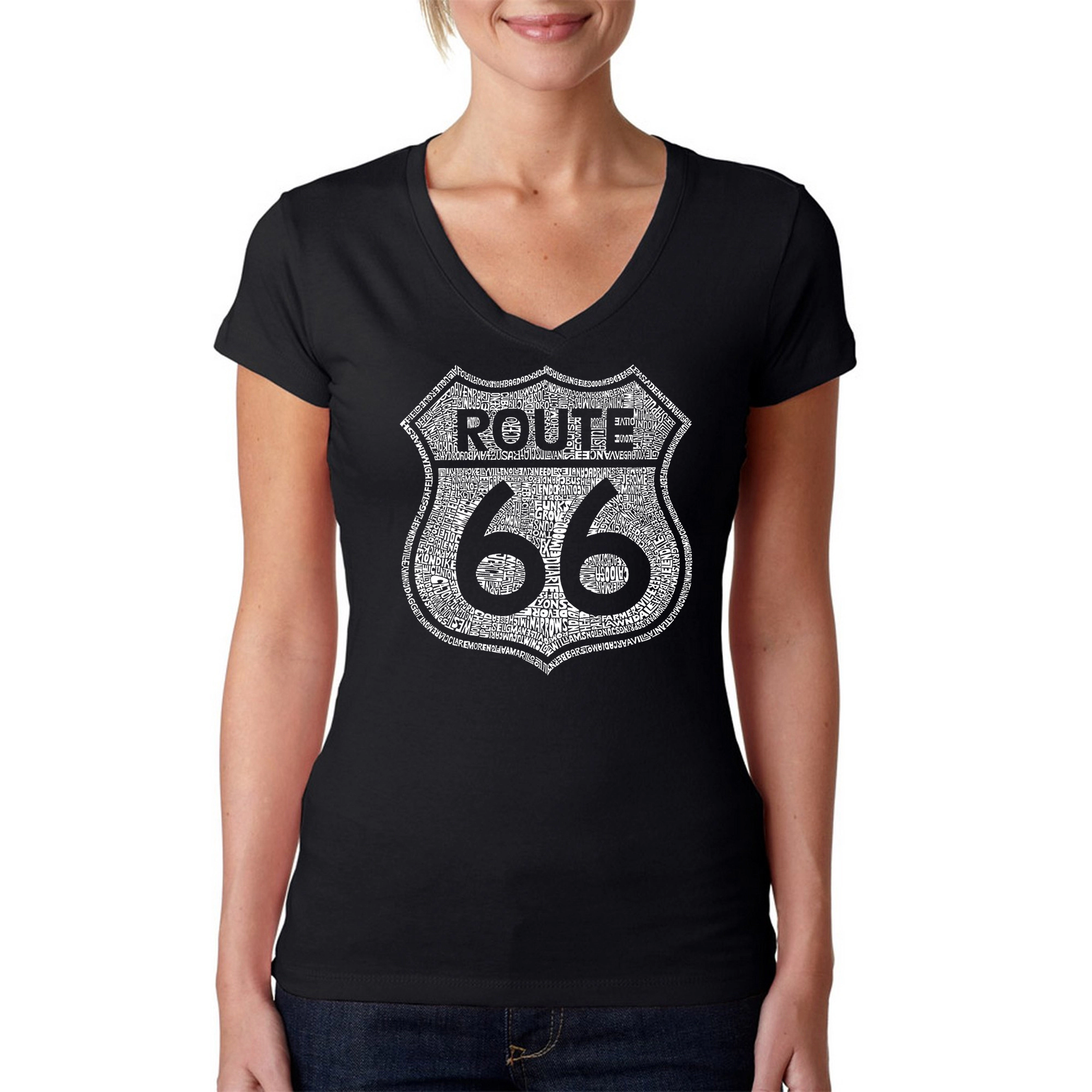 LA Pop Art Womens Word V-Neck T-Shirt - Cities Along The Legendary Route 66