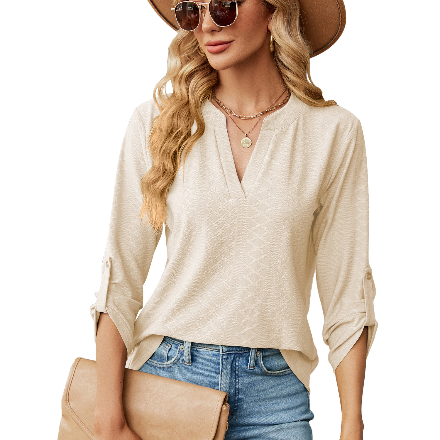 Enchanted Funland Womens Textured 3/4 Roll‑Tab Sleeve Loose Blouse Tops