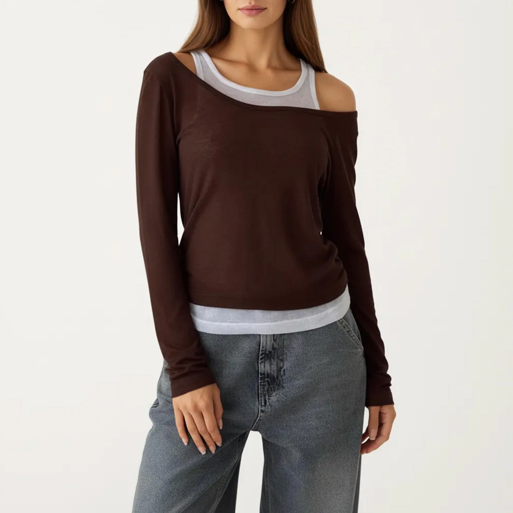Anna-Kaci Women's Off Shoulder Long Sleeve Layered Knit Top with Relaxed Fit