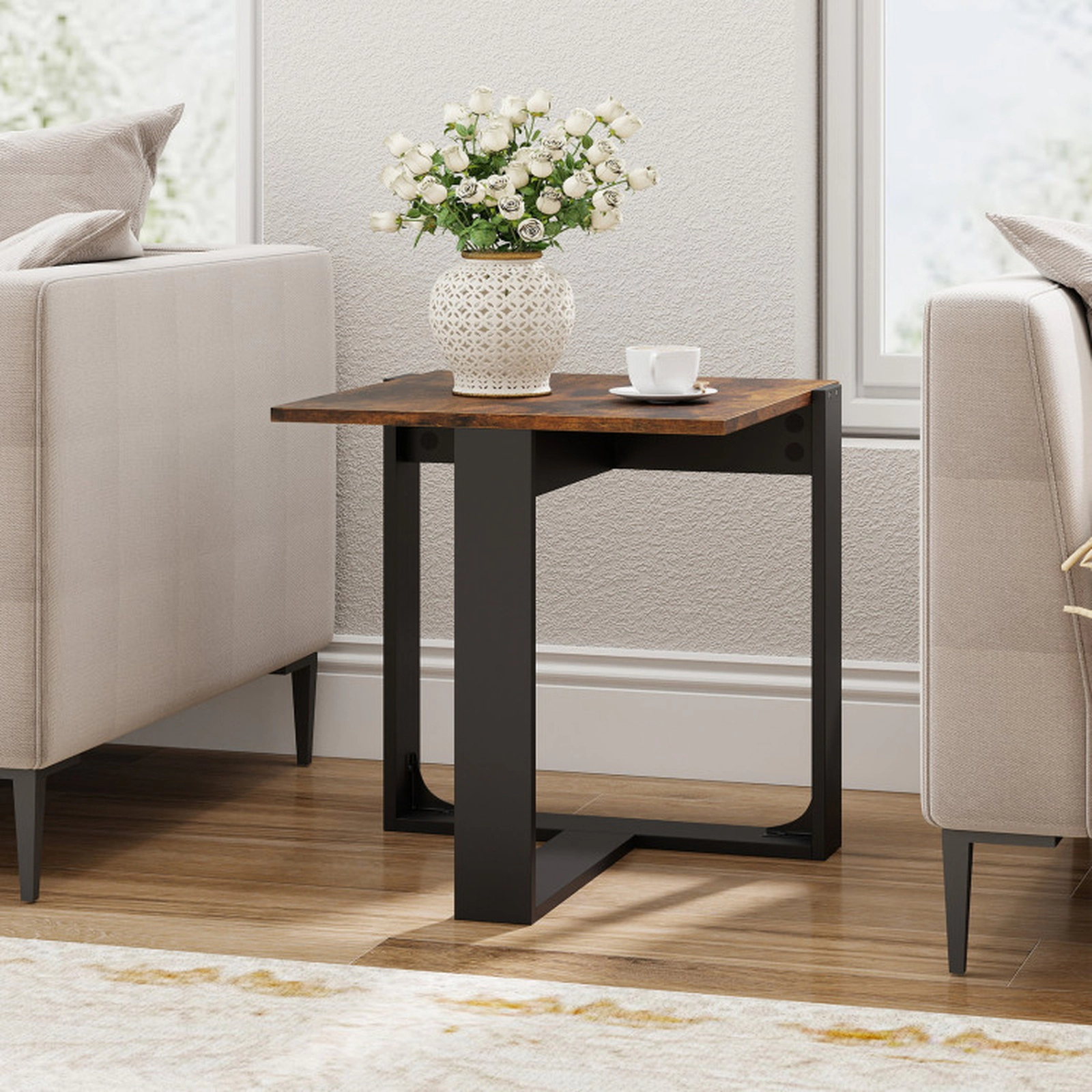 SUGIFT Spacious Tabletop Industrial Sofa End Table with Metal Frame 110-lb Capacity Rustic Brown & Black