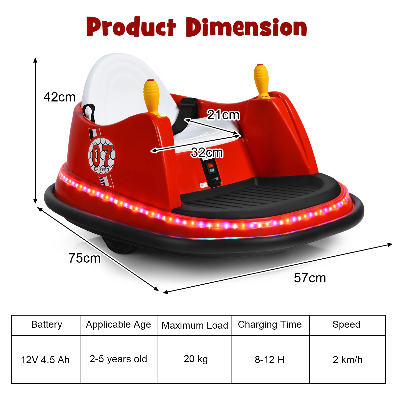 SUGIFT Red Flashing Lights Dual Joysticks and Safety Belt Toddler 12V Ride On Bumper Car
