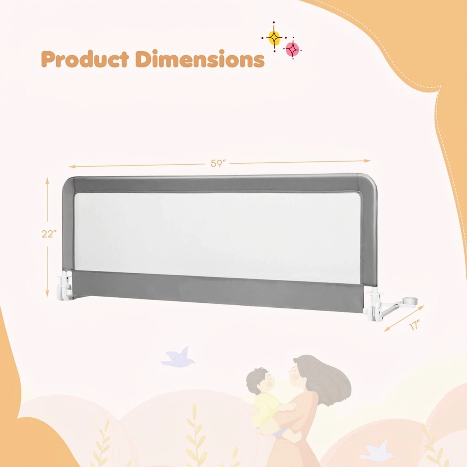 SUGIFT 59-in Folding Breathable Baby Bed Rail Guard with Safety Strap 59 x 16 x 21.5 in Ages 2+ Gray Beige Blue Pink