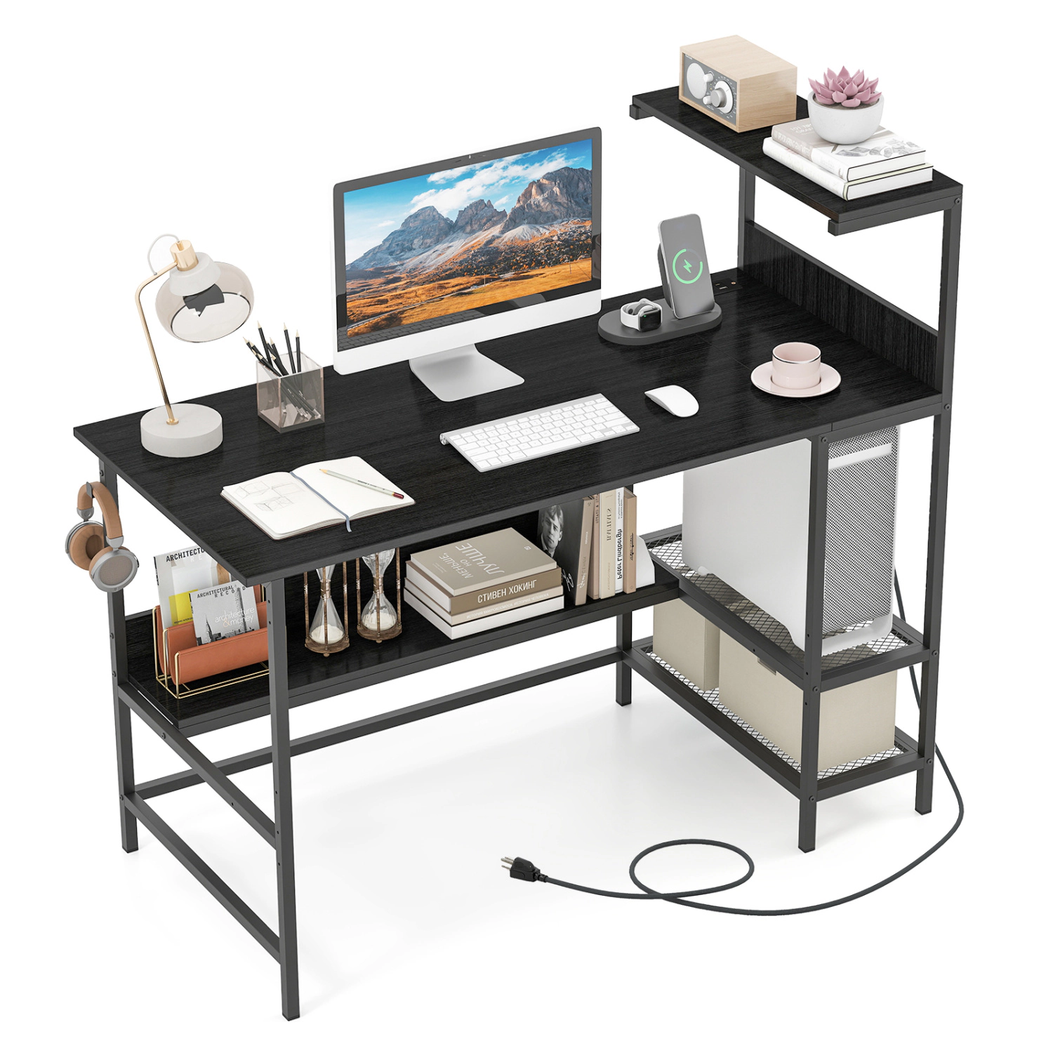 LJG 48 Inch Computer Desk with Power Outlets and Storage Shelves