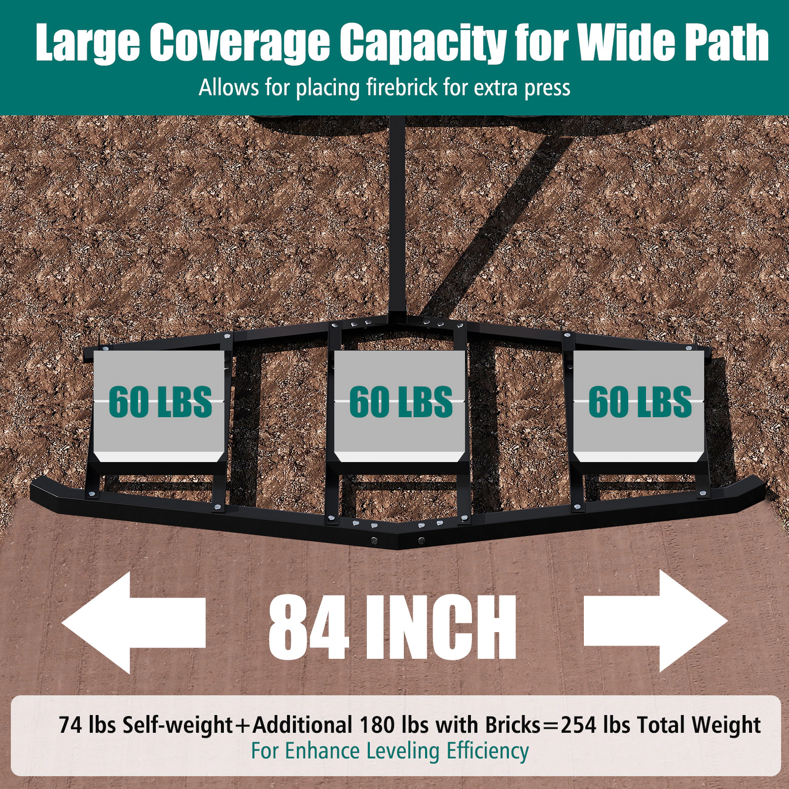 SUGIFT Black 84-in Wide Tow Behind Driveway Drag Landscape Leveling Rake with Reinforced Bars and Rod