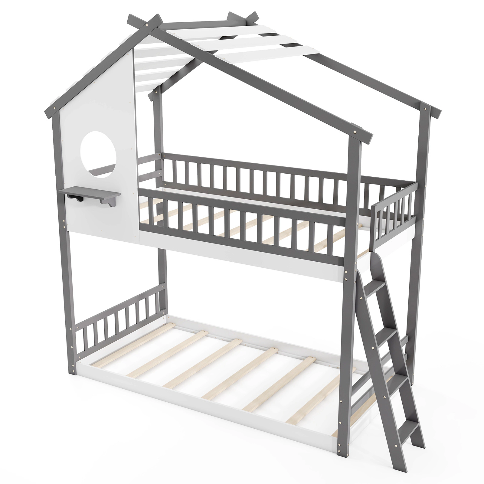 SUGIFT Gray and White Roof Window and Guardrails Twin Over Twin Kids House Bunk Bed
