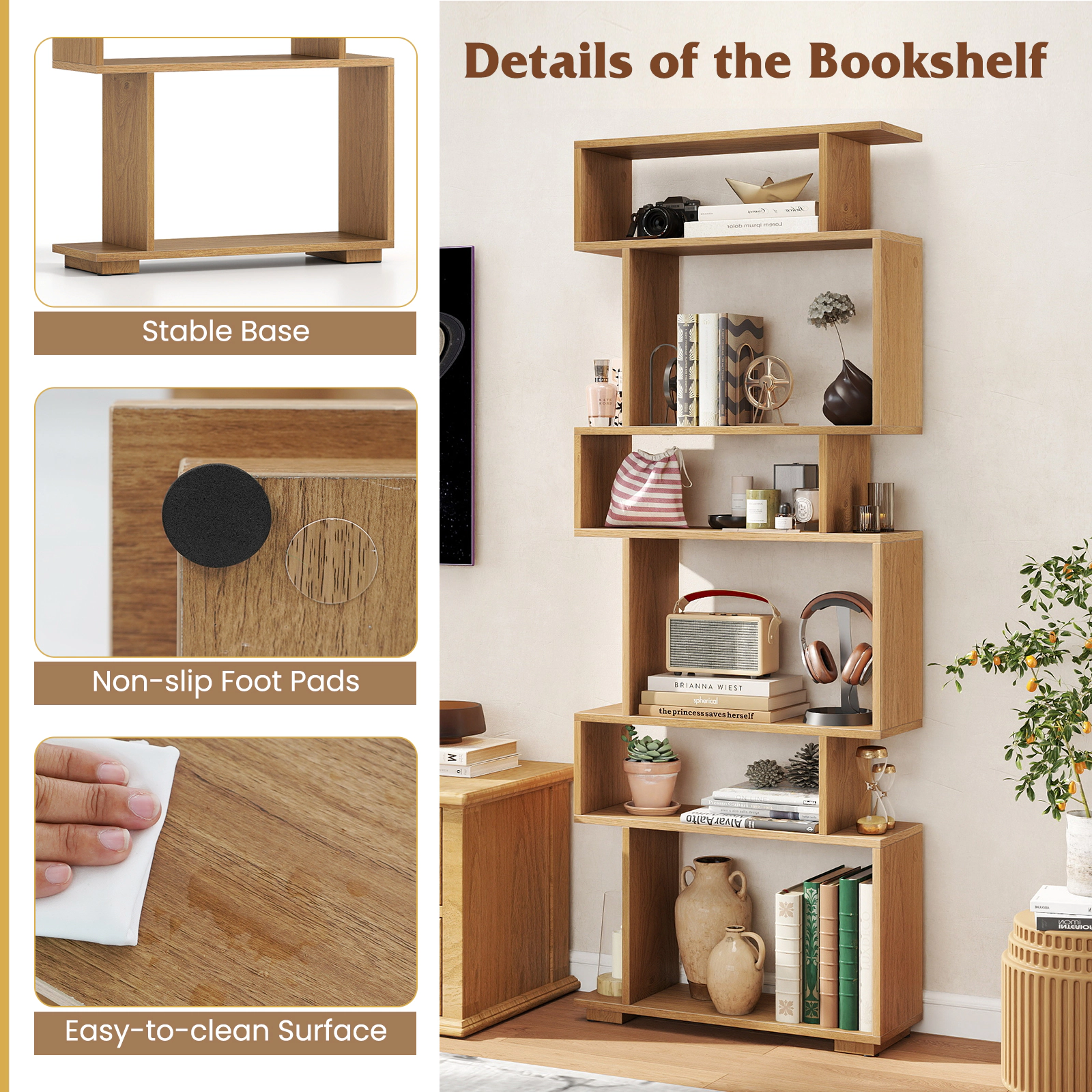 SUGIFT 6-Tier Geometric Bookshelf 22-lb Bottom Capacity with Anti-Tipping Kits Natural for Home Office