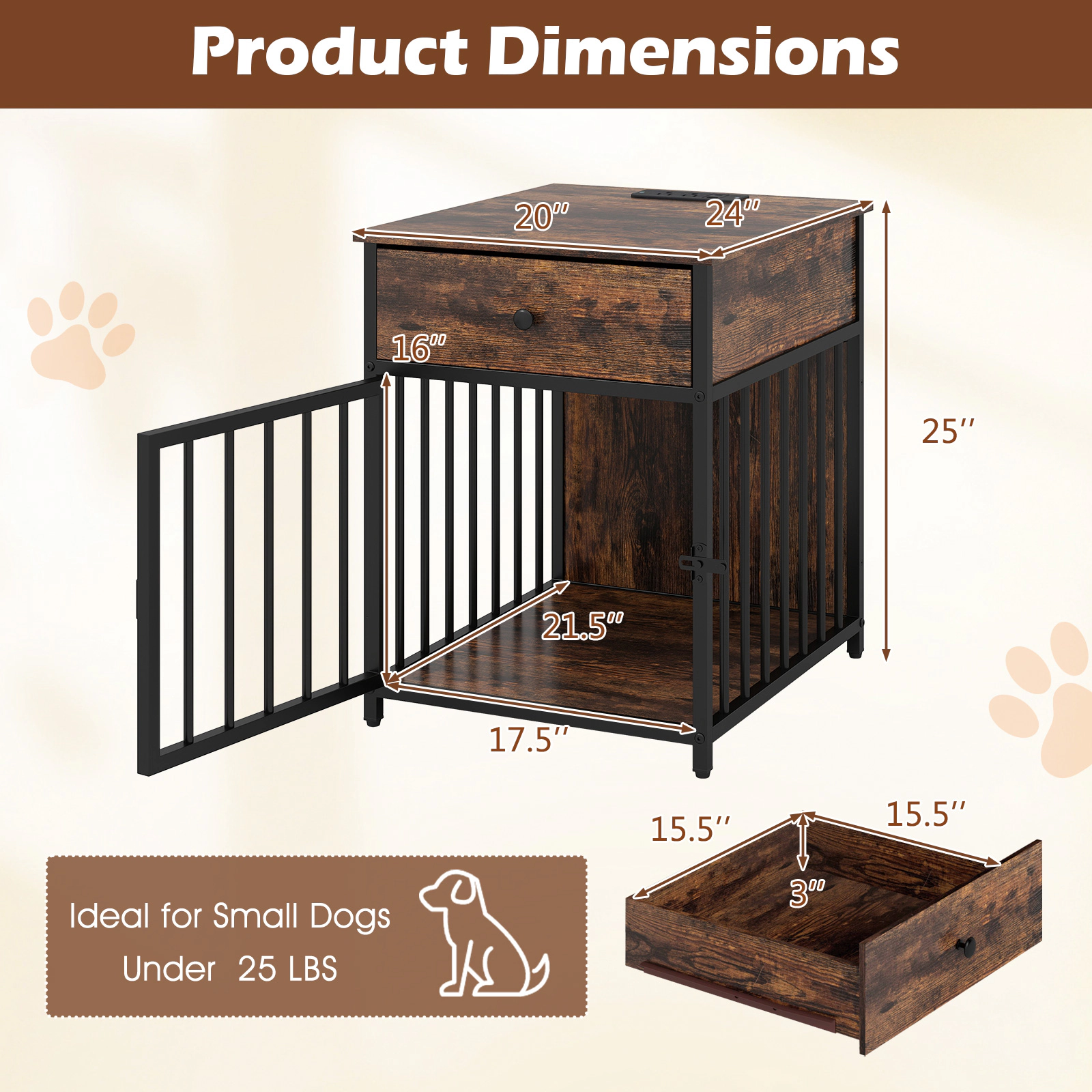 SUGIFT Dog Crate Furniture End Table with Drawer and Charging Station 25-lb Tabletop Capacity for Small Dogs Black+Brown