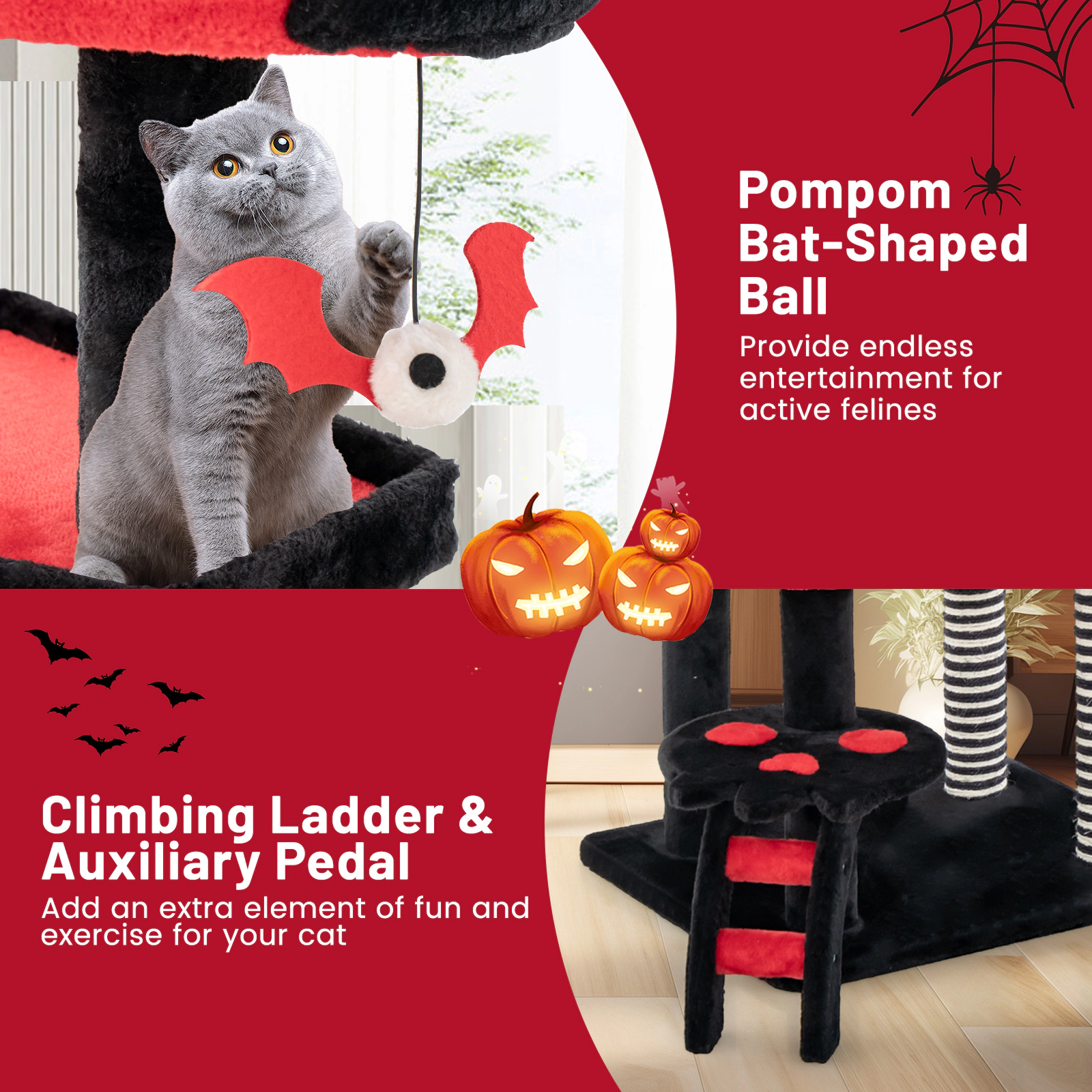 SUGIFT Black and Red 52 in Gothic Cat Tree with Cat Bed Condo and Sisal Post