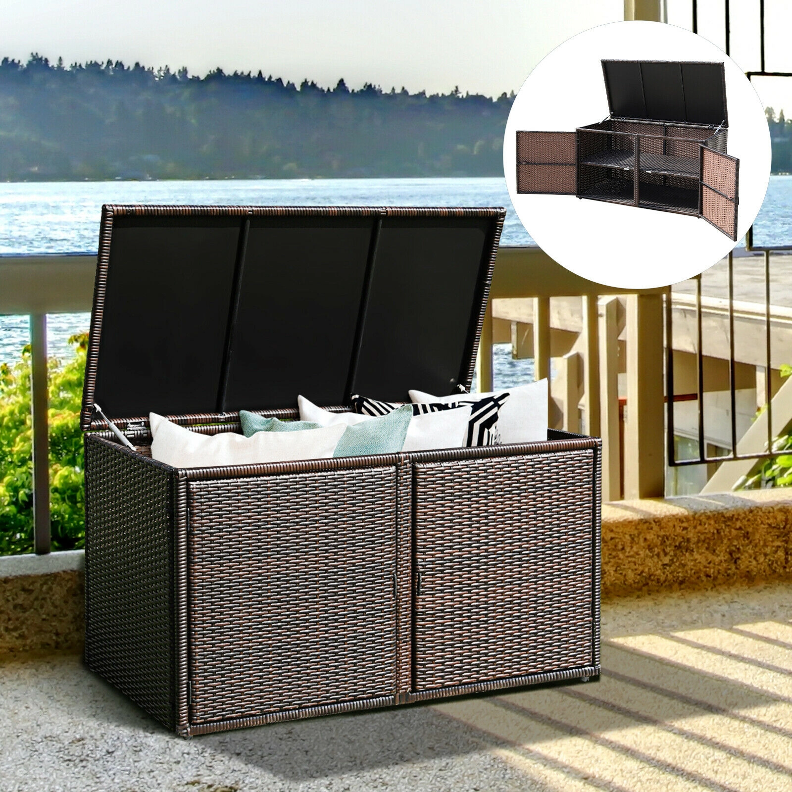 SUGIFT 88-Gallon 2-Shelf PE Rattan Steel Frame Garden Patio Storage Box 45-in x 23.5-in x 25.5-in 110-lb Shelf Brown