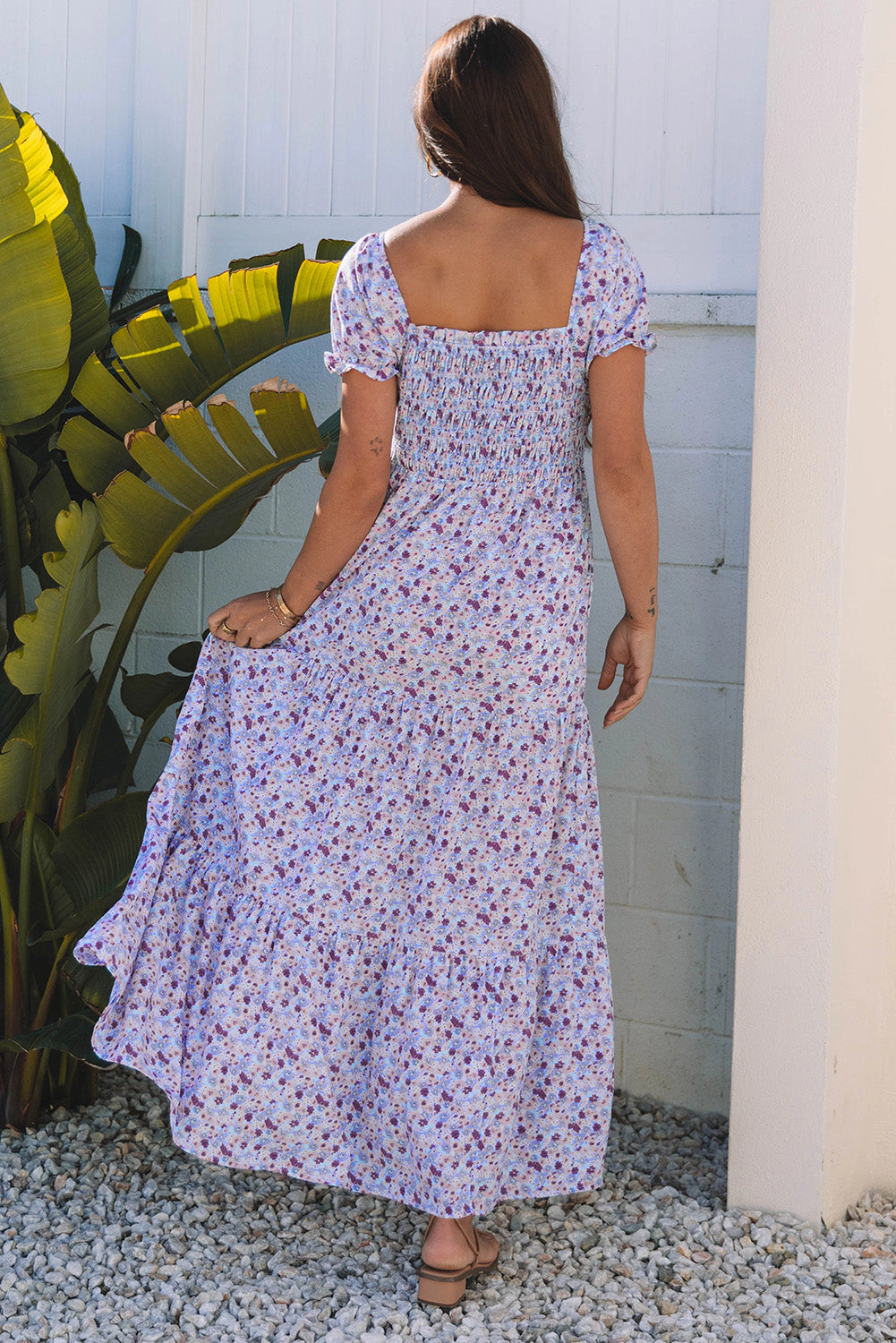 Threaded Pear Women's Lacey Floral Short Bubble Sleeve Maxi Dress