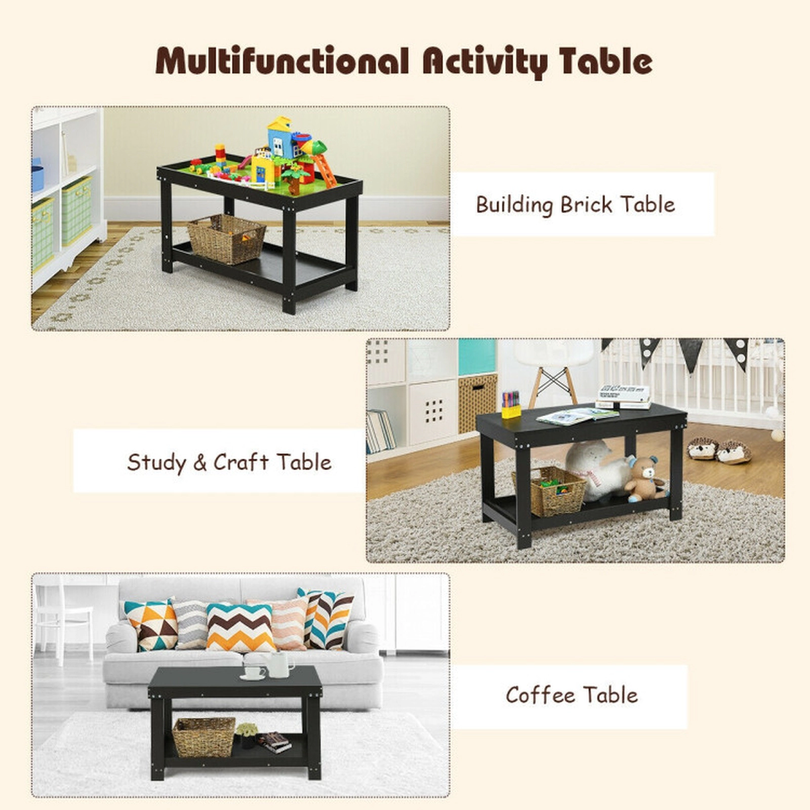 SUGIFT Solid Pine Multifunctional Kids Activity Play Table 200-lb Capacity Ages 3+ Dark Brown 32.5-in Long Single Table