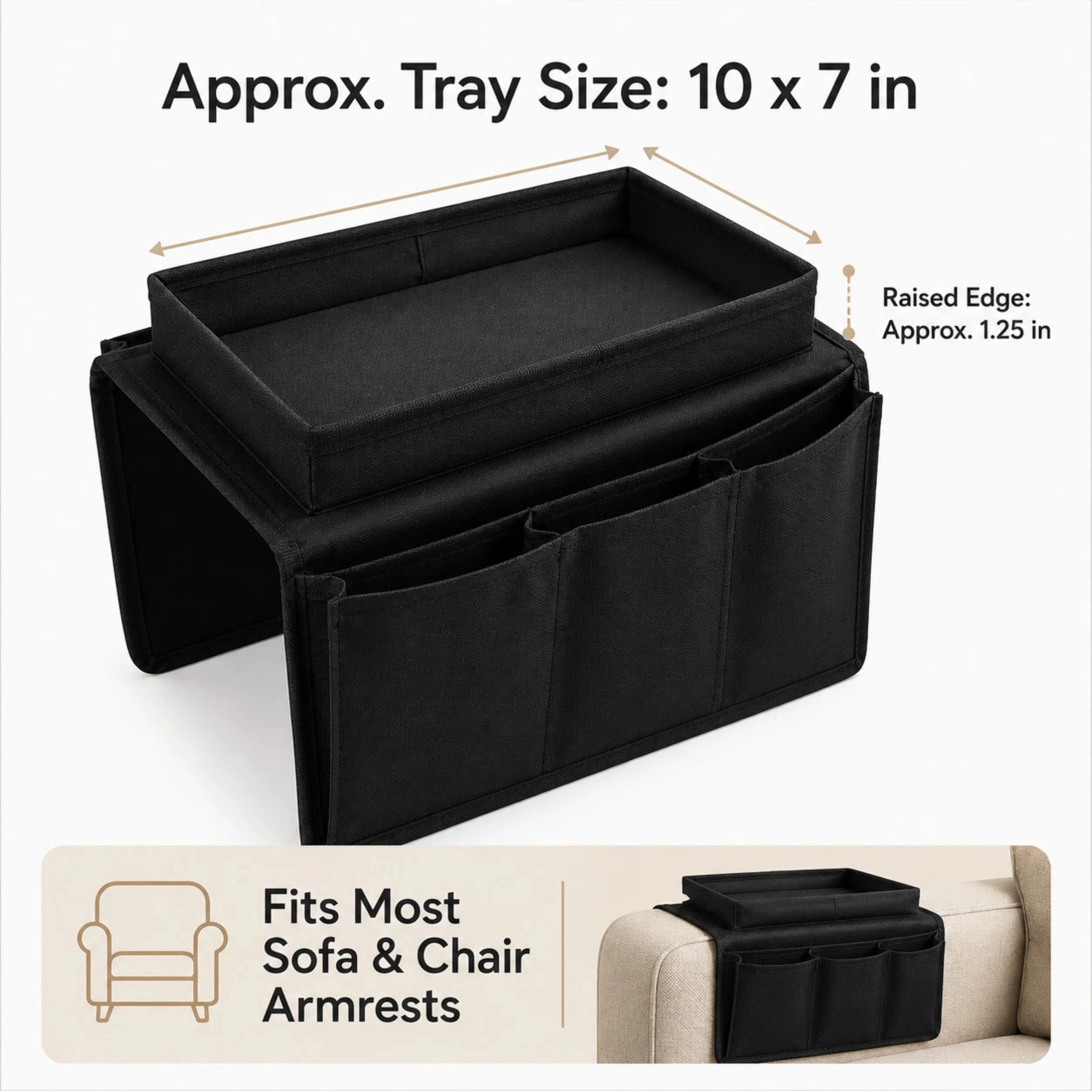 Home Collection Black Sofa Armrest Organizer with Tray Table