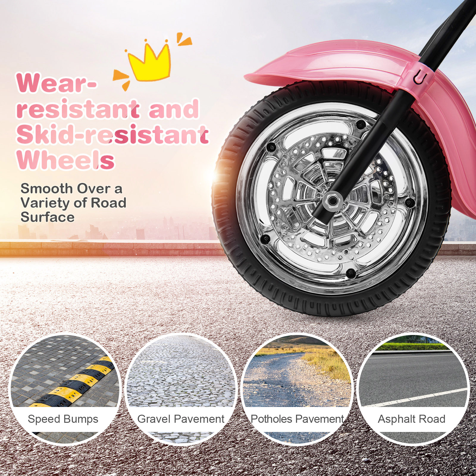 3-Wheel Kids Electric Motorcycle 6V Ride On Adjustable Headlight Music 36-in Ages 3+ 66-lb Capacity Pink