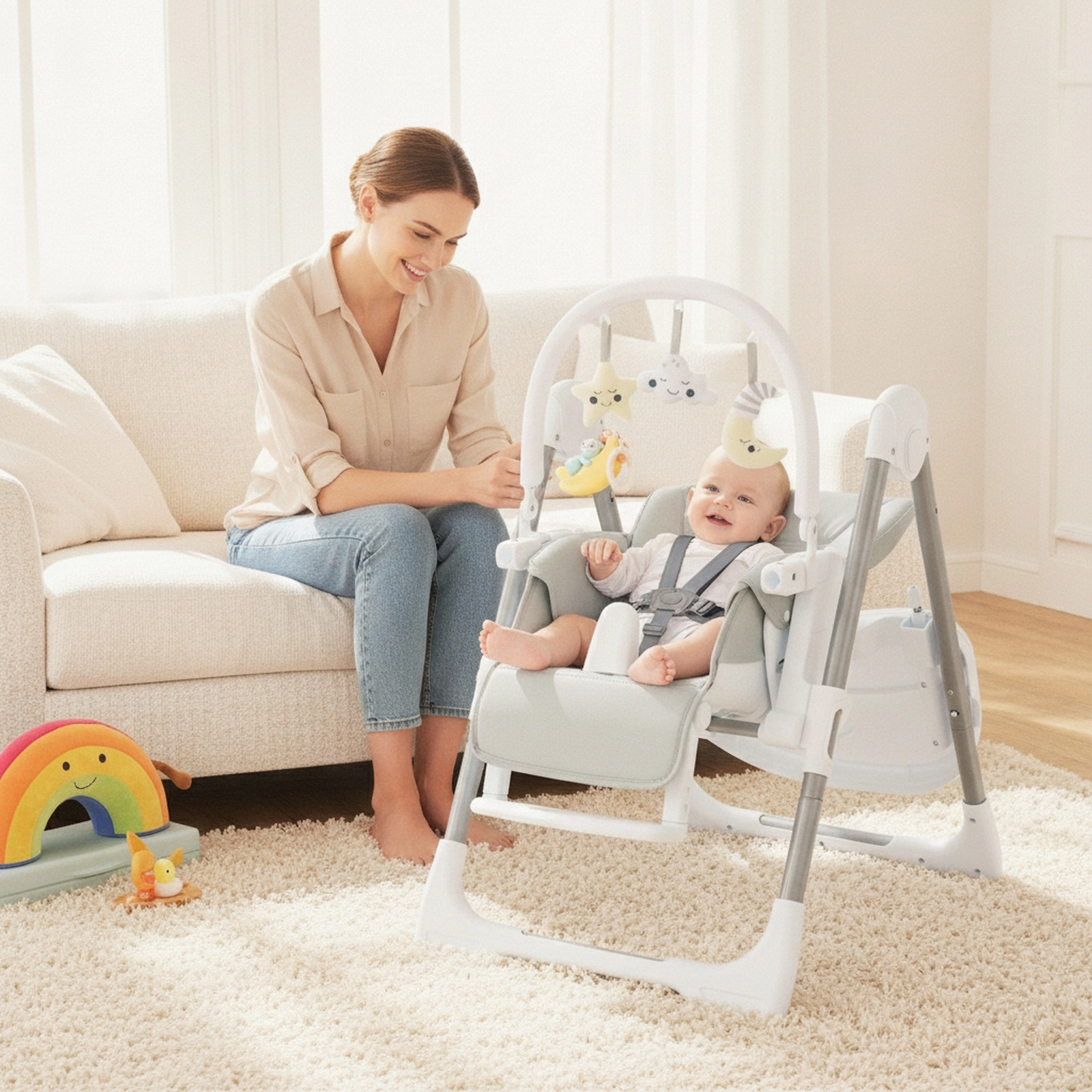 Adjustable Baby High Chair Independent Height Backrest and Footrest Settings PU Cushion Compact Fold Light Gray