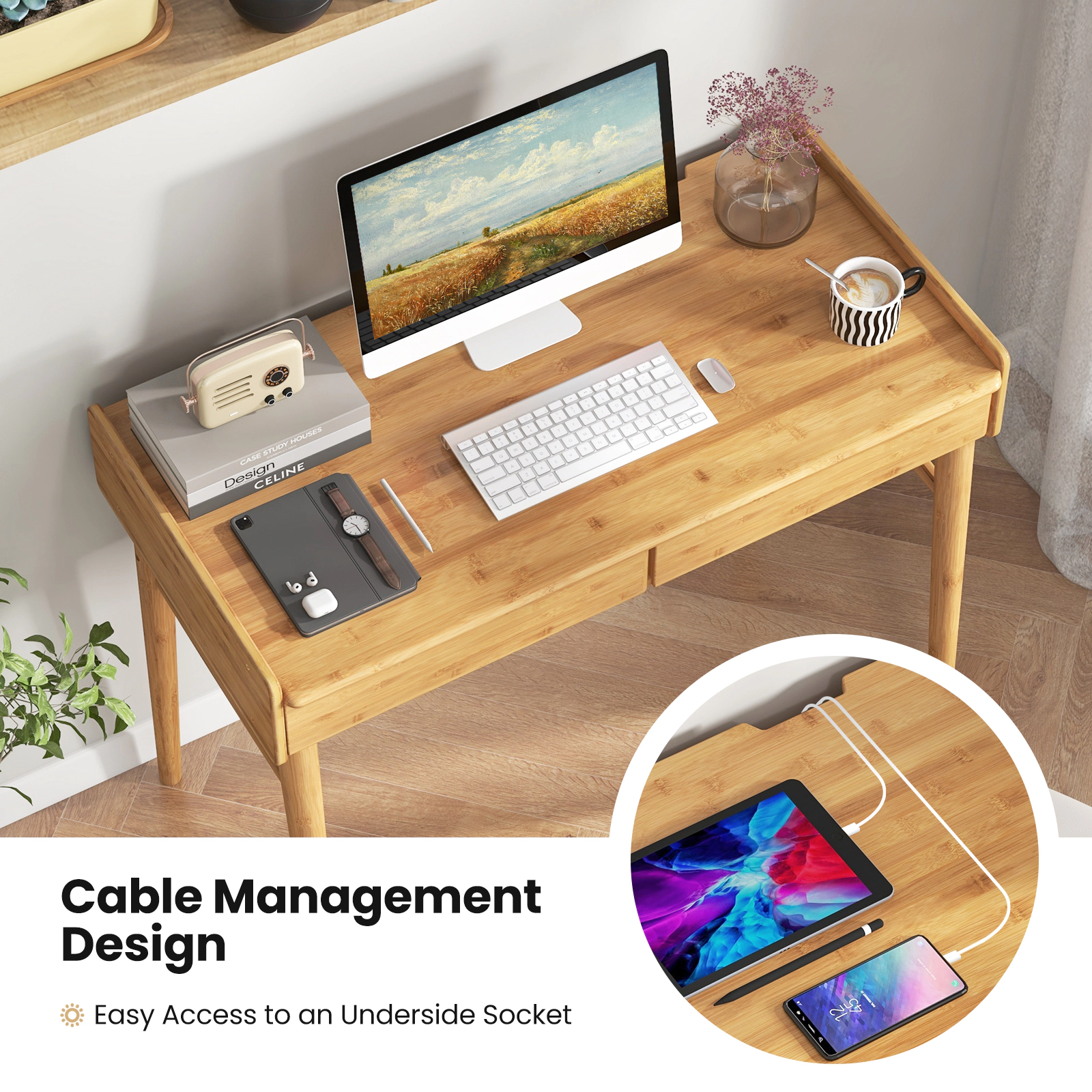 SUGIFT 39.5-in Natural Bamboo Writing Desk with 2 Drawers, Shelf and Cable Management