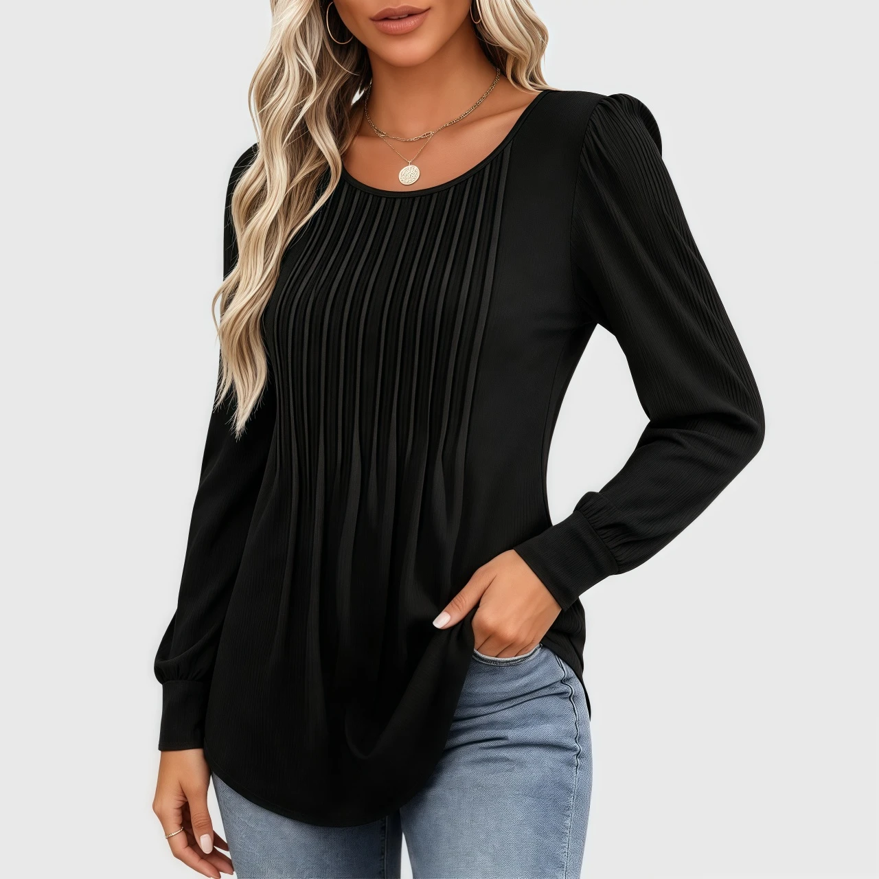 YesFashion Women's Long Sleeve Shirts Casual Pleated Crew Neck Puff Tunic Dressy Blouses Top