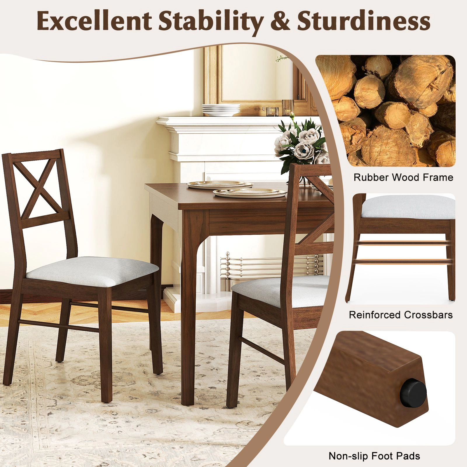 SlickBlue Brown Set of 2 Fabric Dining Chairs Rubber Wood Frame Kitchen Side Chairs