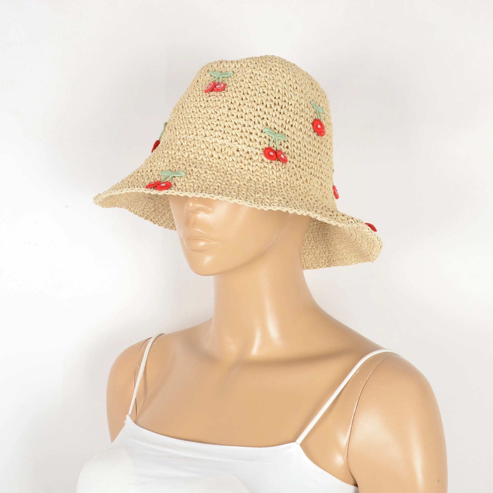 Anna-Kaci Women's Straw Bucket Hat with Cherry Embellishments - White
