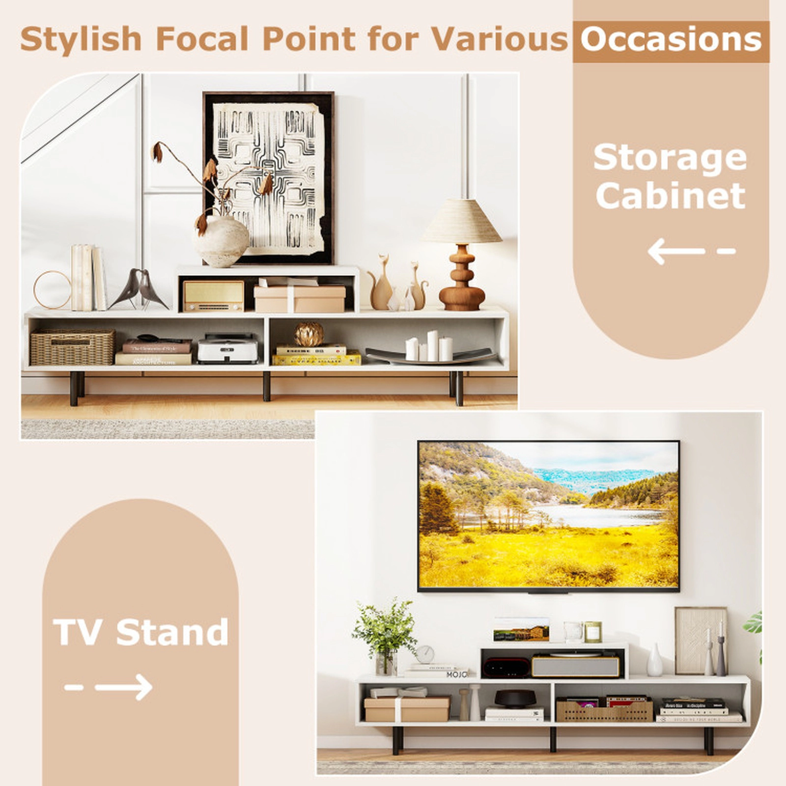 SUGIFT 3 Cubby TV Stand for TVs up to 70 in with Open Storage Compartments 155-lb Tabletop Capacity White