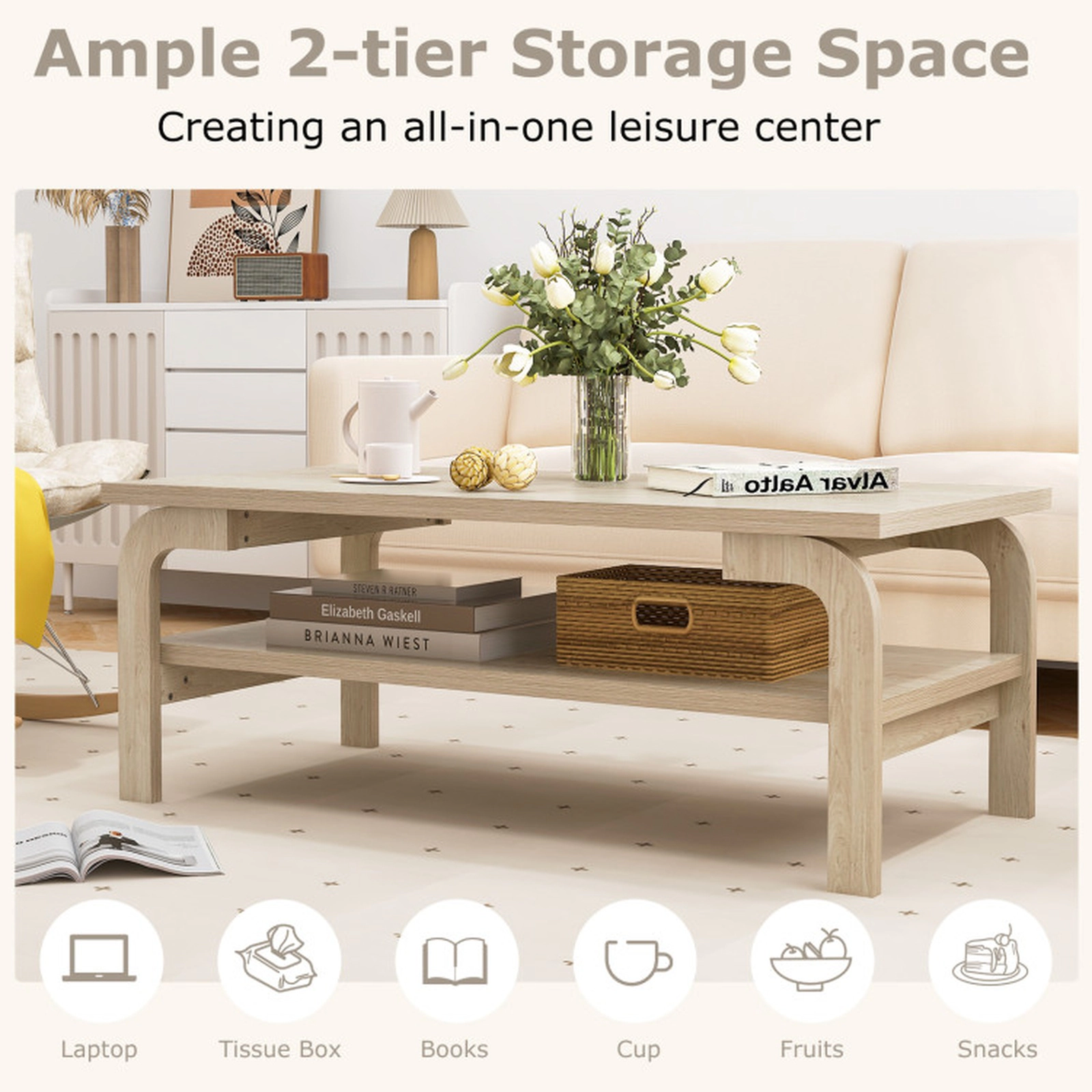 SUGIFT 2-Tier Curved Legs 1.2-in Thick Top Mid Century Coffee Table 47-in x 24-in x 18-in 165-lb Capacity Natural